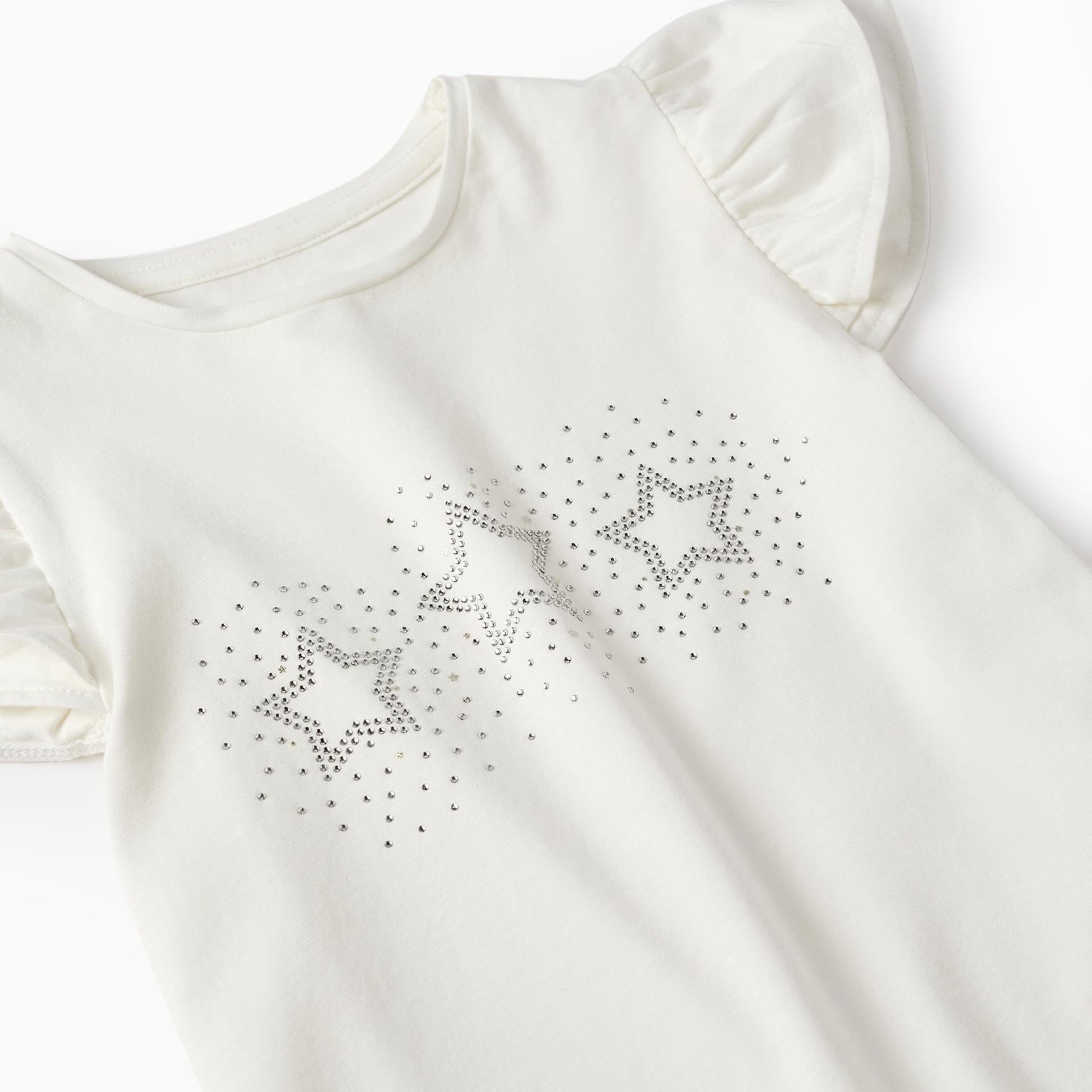 Cotton Jersey T-Shirt with Ruffles and Sparkles for Girls, White
