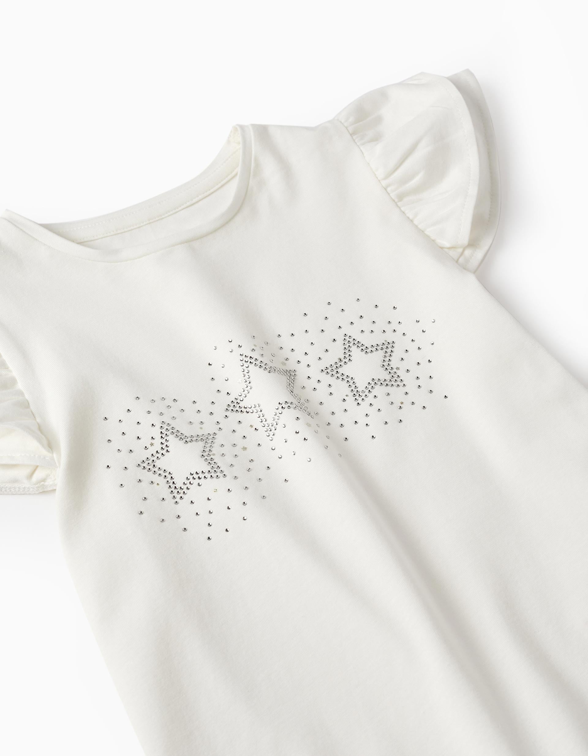 Cotton Jersey T-Shirt with Ruffles and Sparkles for Girls, White