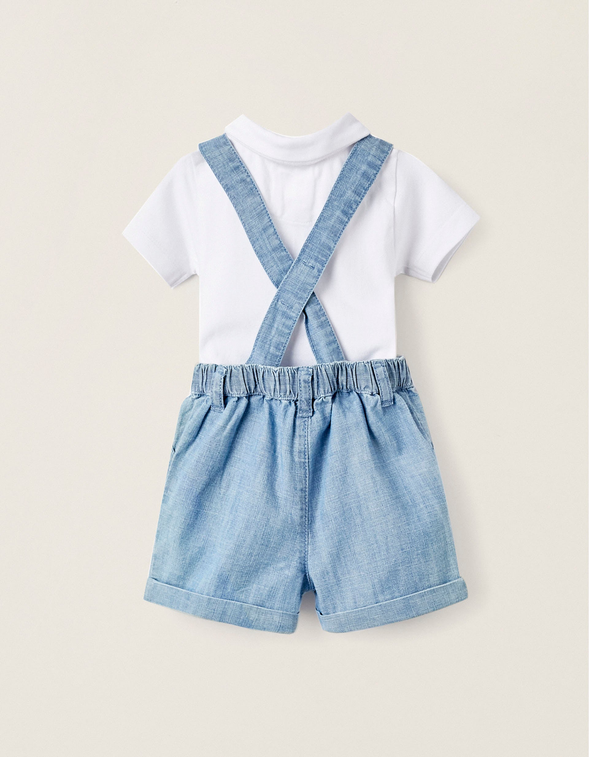 Set of Newborn Wrapover Bodysuit + Bloomers, White/Blue