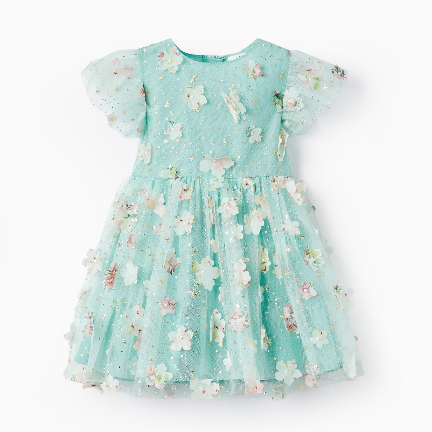 Dress with Tulle and Flowers for Baby Girls, Mint/Gold