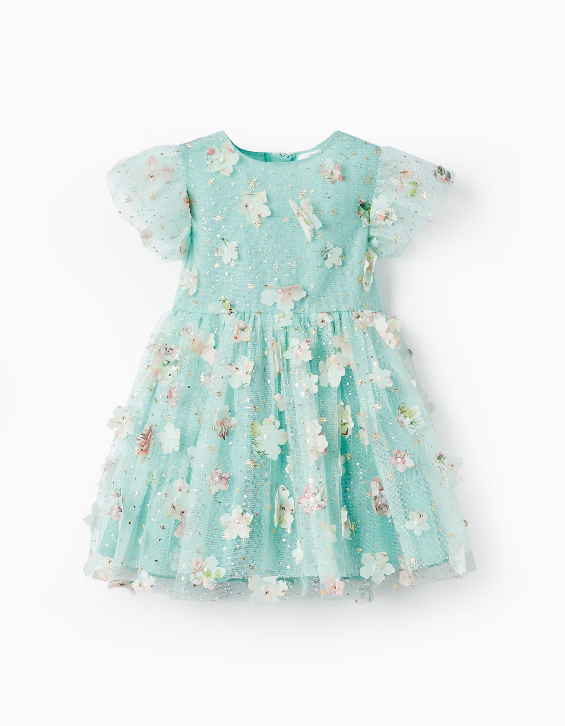 Dress with Tulle and Flowers for Baby Girls, Mint/Gold