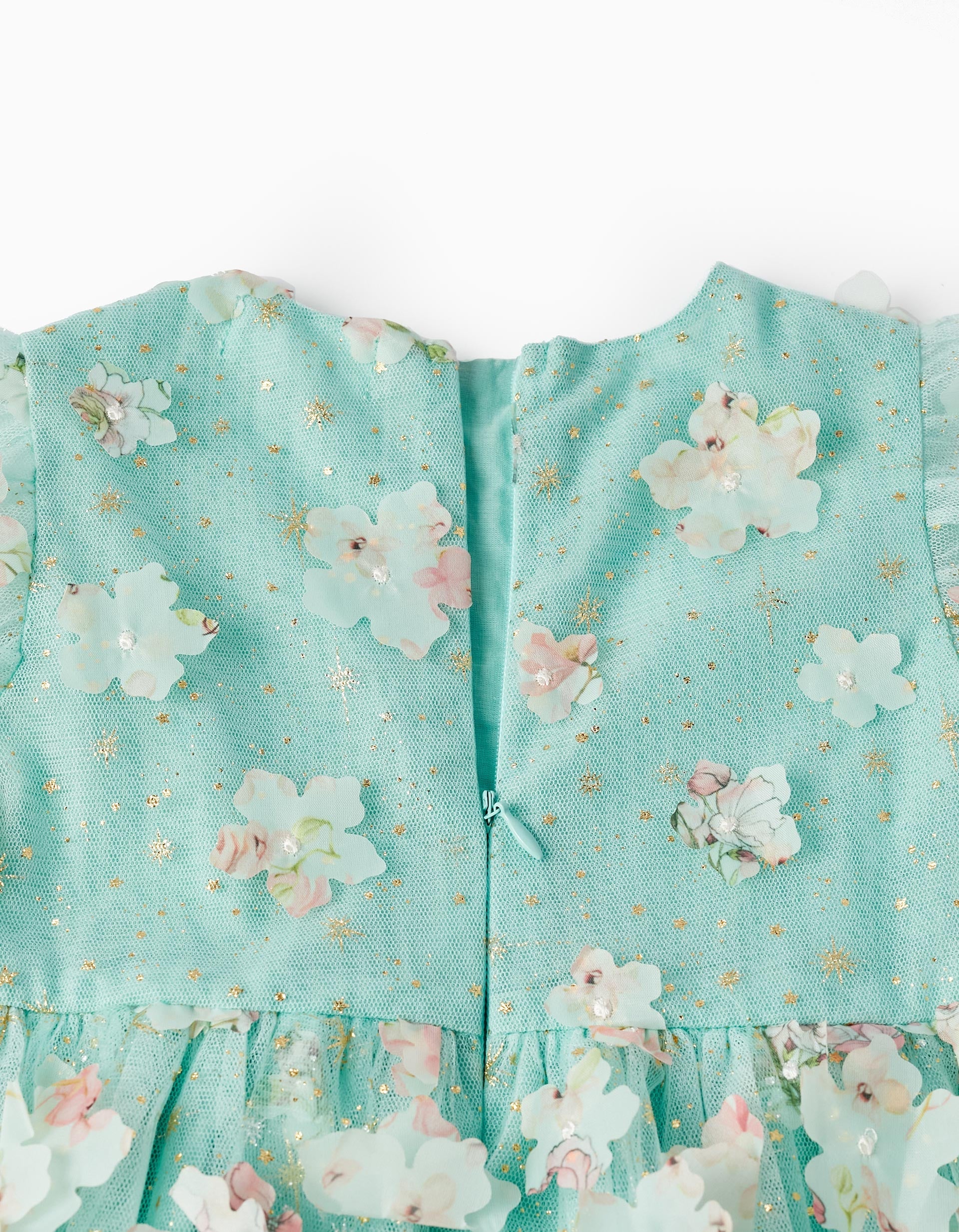 Dress with Tulle and Flowers for Girls, Mint/Gold