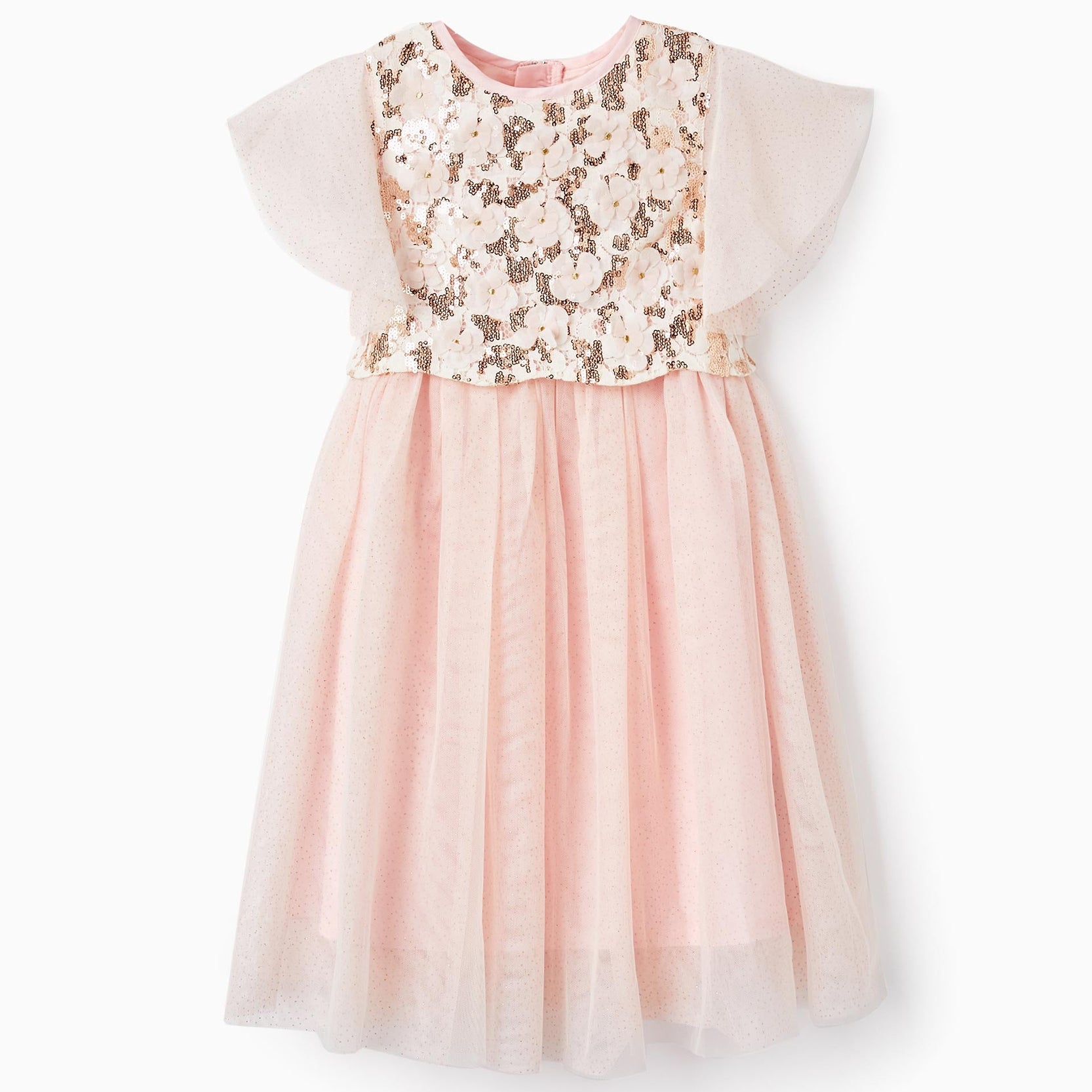 Dress in Tulle with Flowers, Glitter, and Sequins for Baby Girls, Pink
