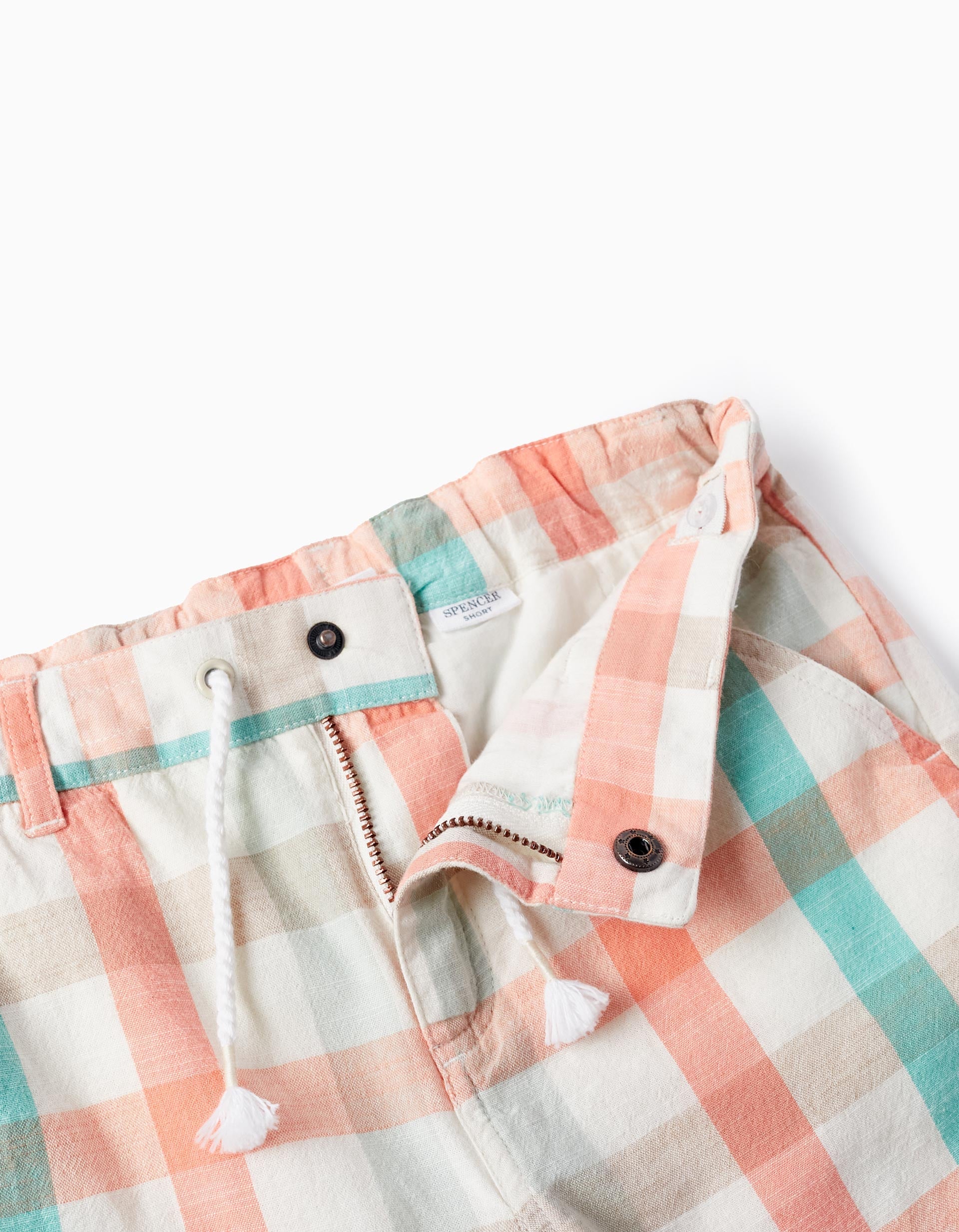 Checkered Cotton Shorts for Boys 'B&S', Aqua Green/Coral
