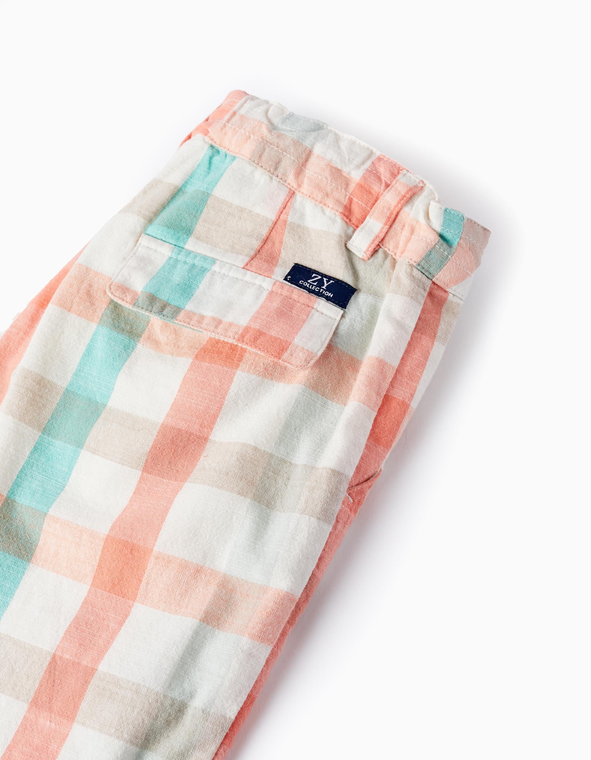 Checkered Cotton Shorts for Boys 'B&S', Aqua Green/Coral