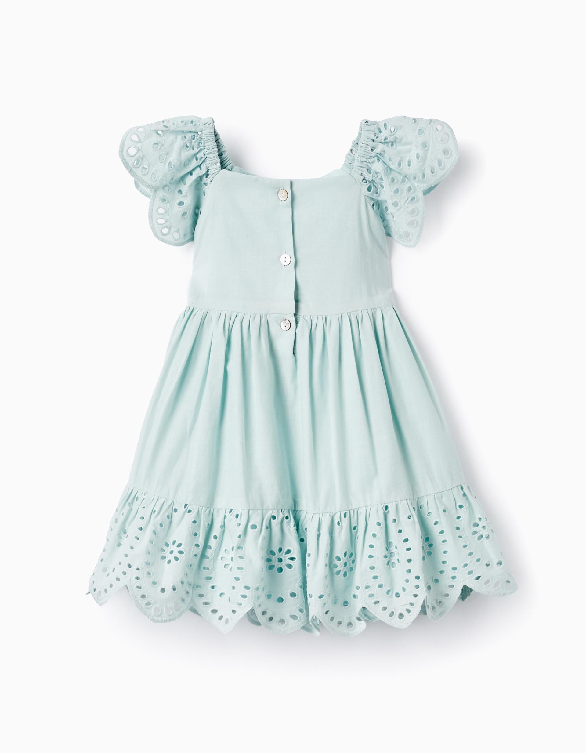 Cotton Dress with Broderie Anglaise for Baby Girls, Aqua Green