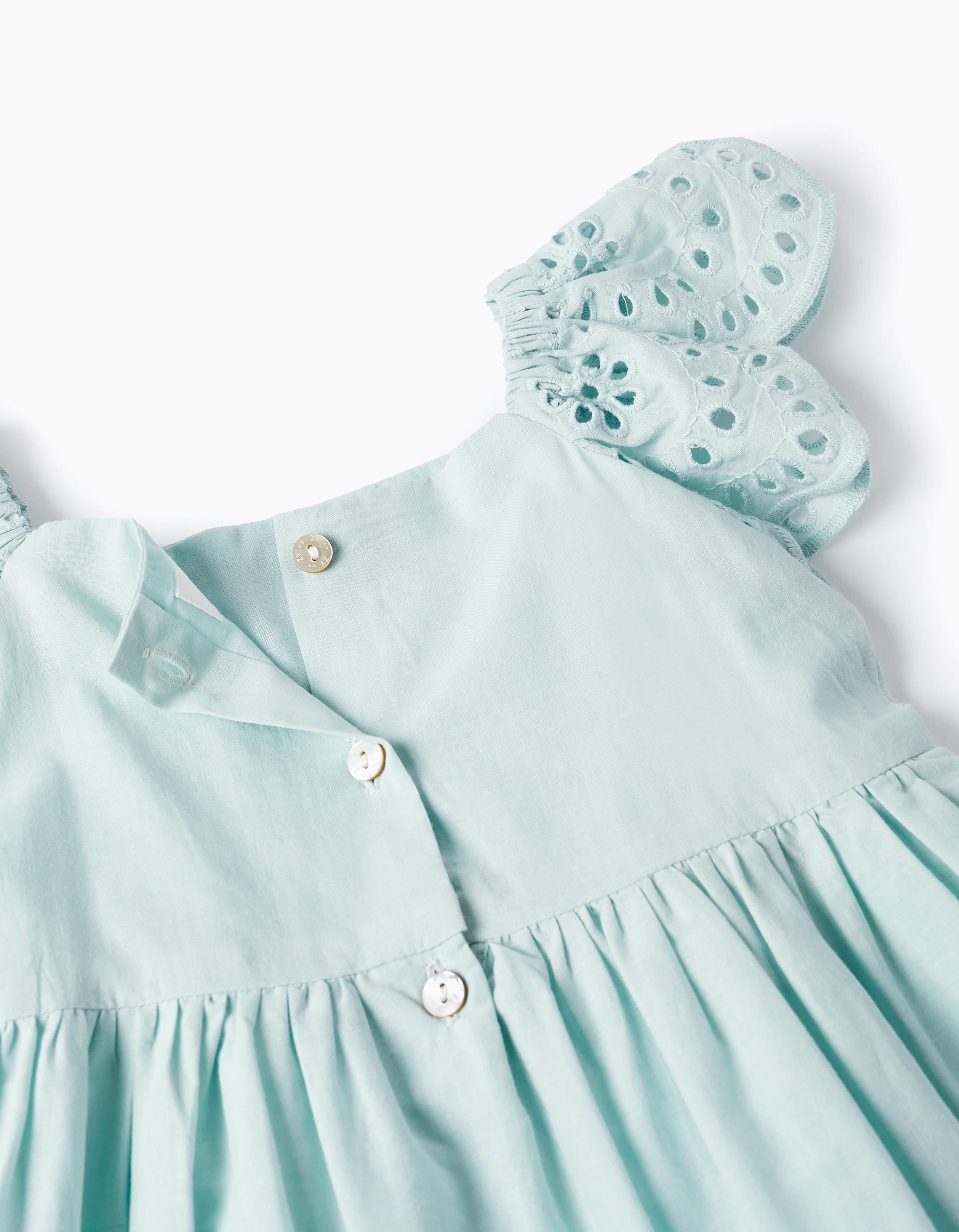 Cotton Dress with Broderie Anglaise for Baby Girls, Aqua Green