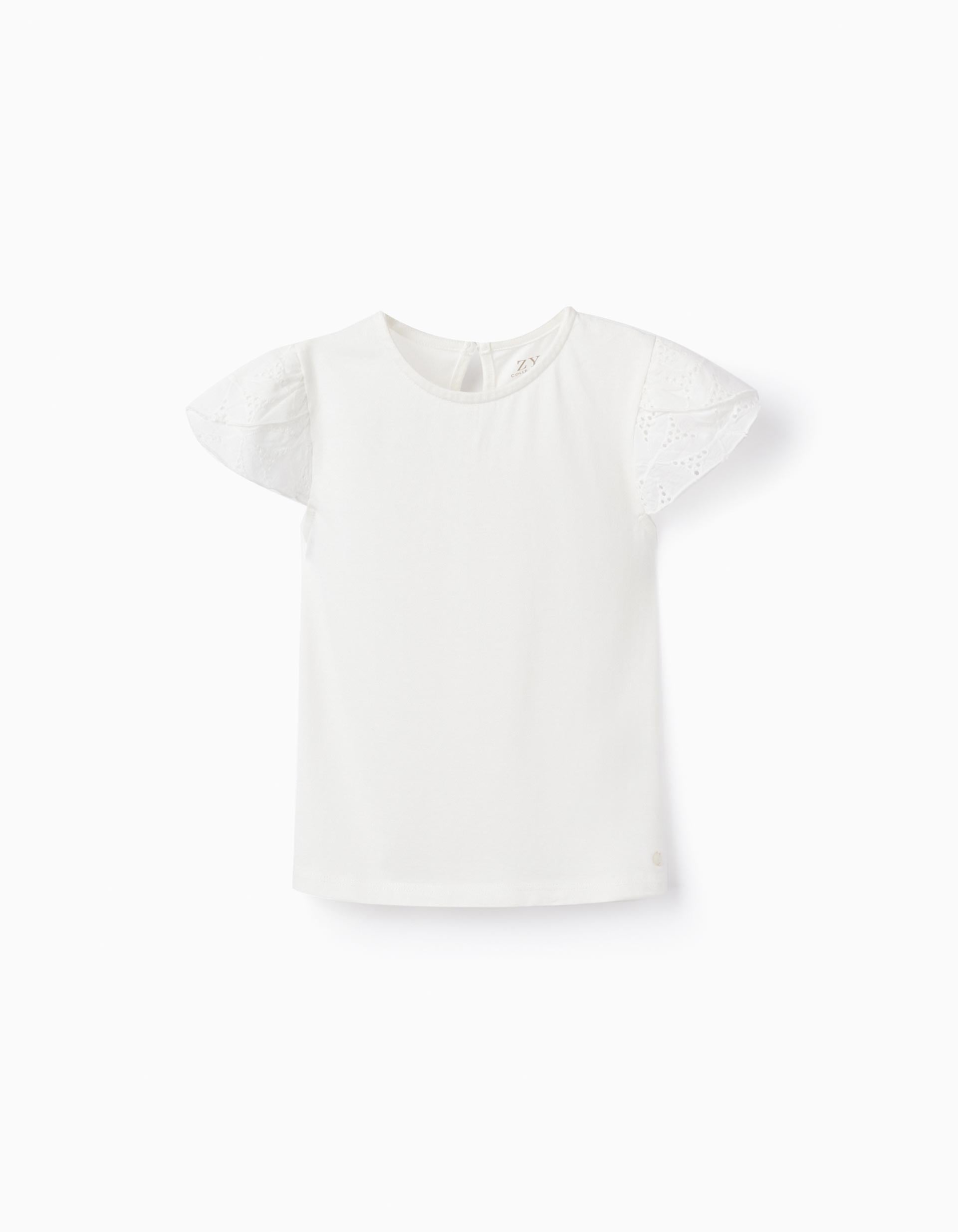 Cotton T-shirt with Broderie Anglaise for Baby Girls, White