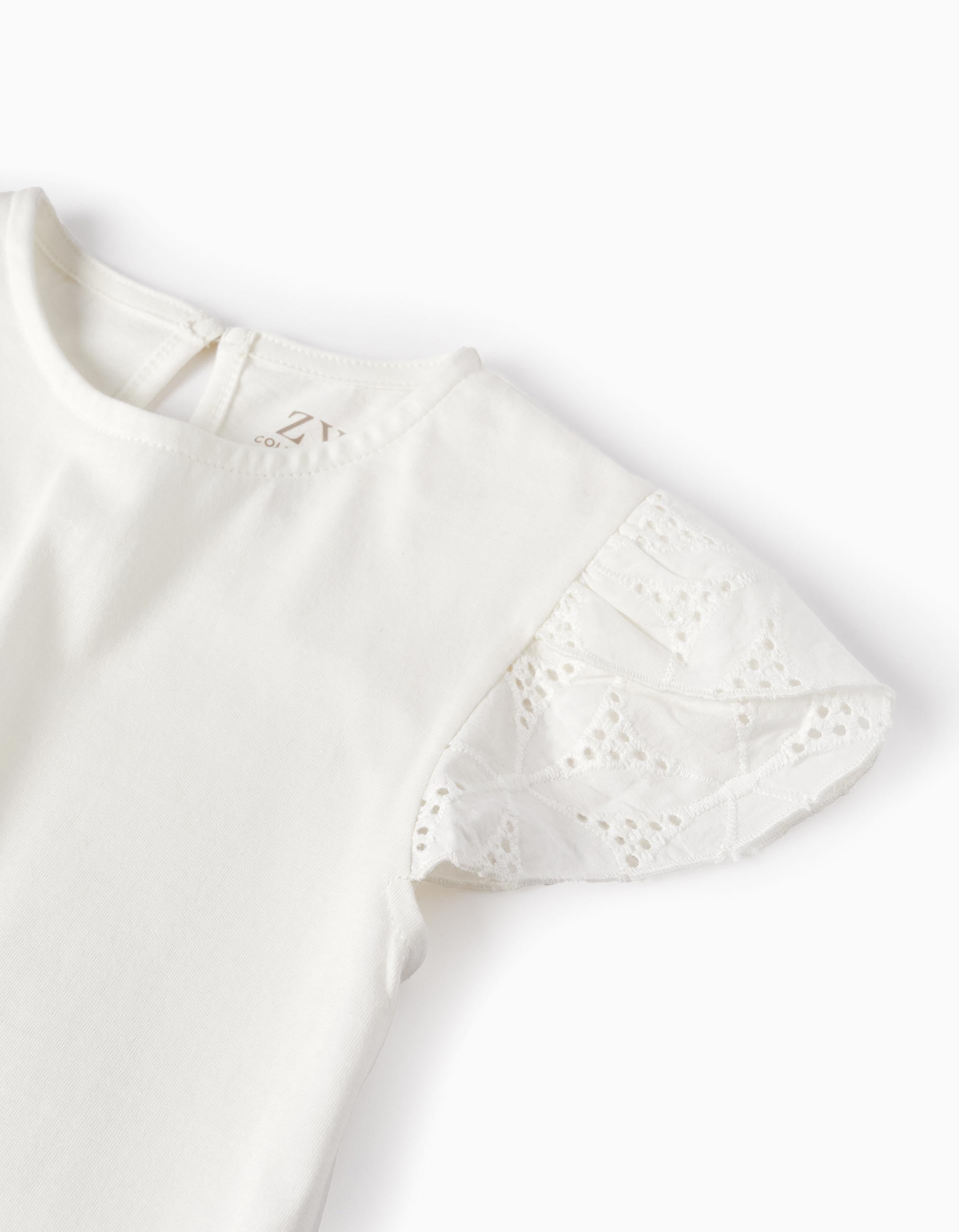 Cotton T-shirt with Broderie Anglaise for Baby Girls, White