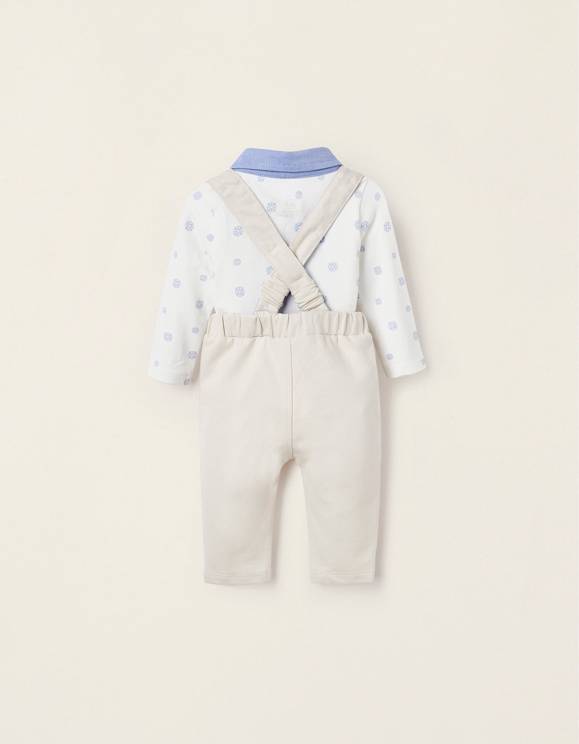 Bodysuit + Trousers with Removable Straps for Newborn Boys, White/Blue/Beige