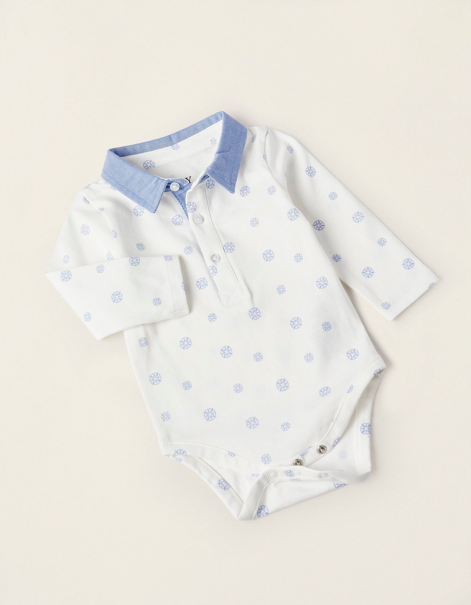 Bodysuit + Trousers with Removable Straps for Newborn Boys, White/Blue/Beige