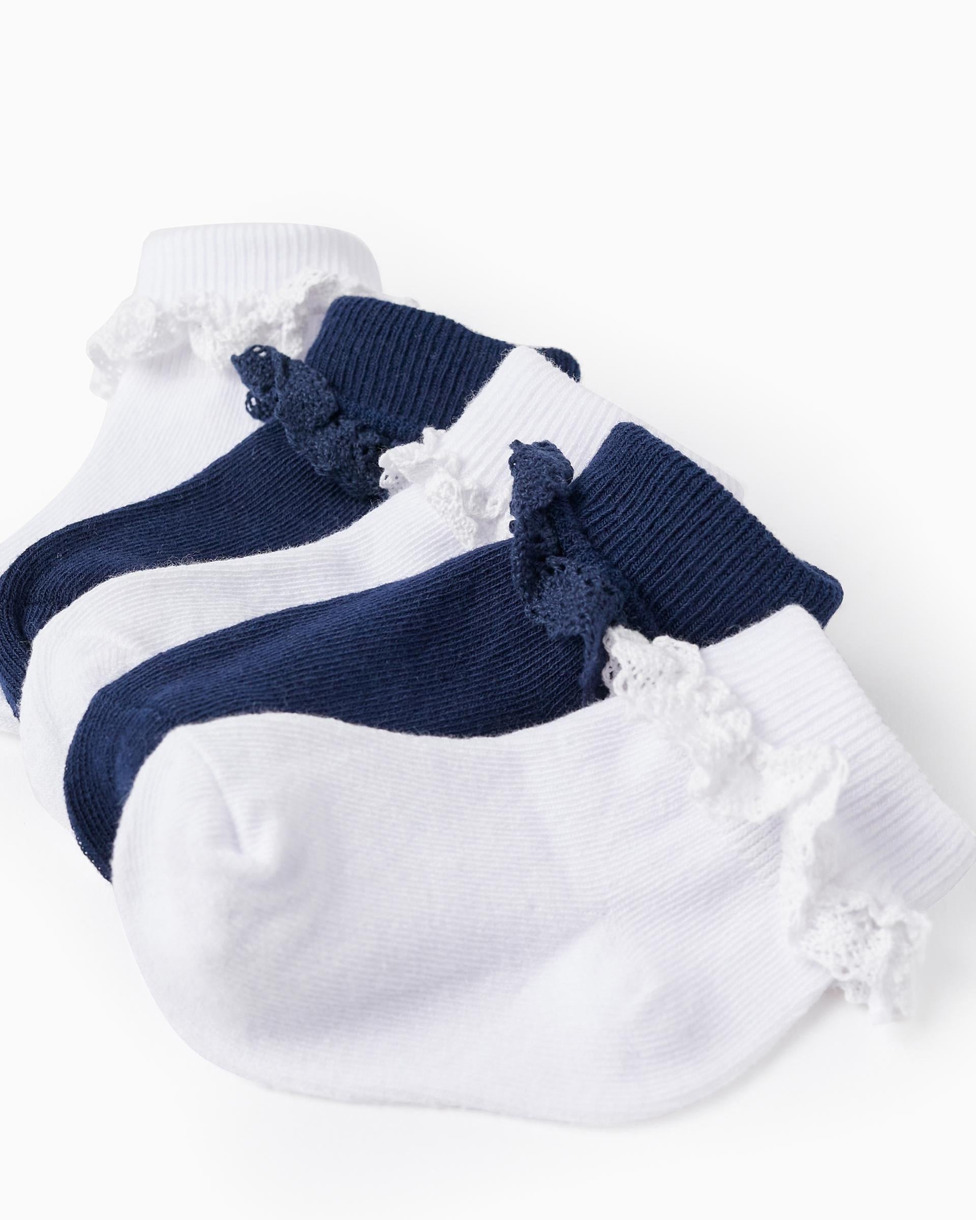 Pack of 5 Pairs of Lace Socks for Baby Girls, White/Dark Blue