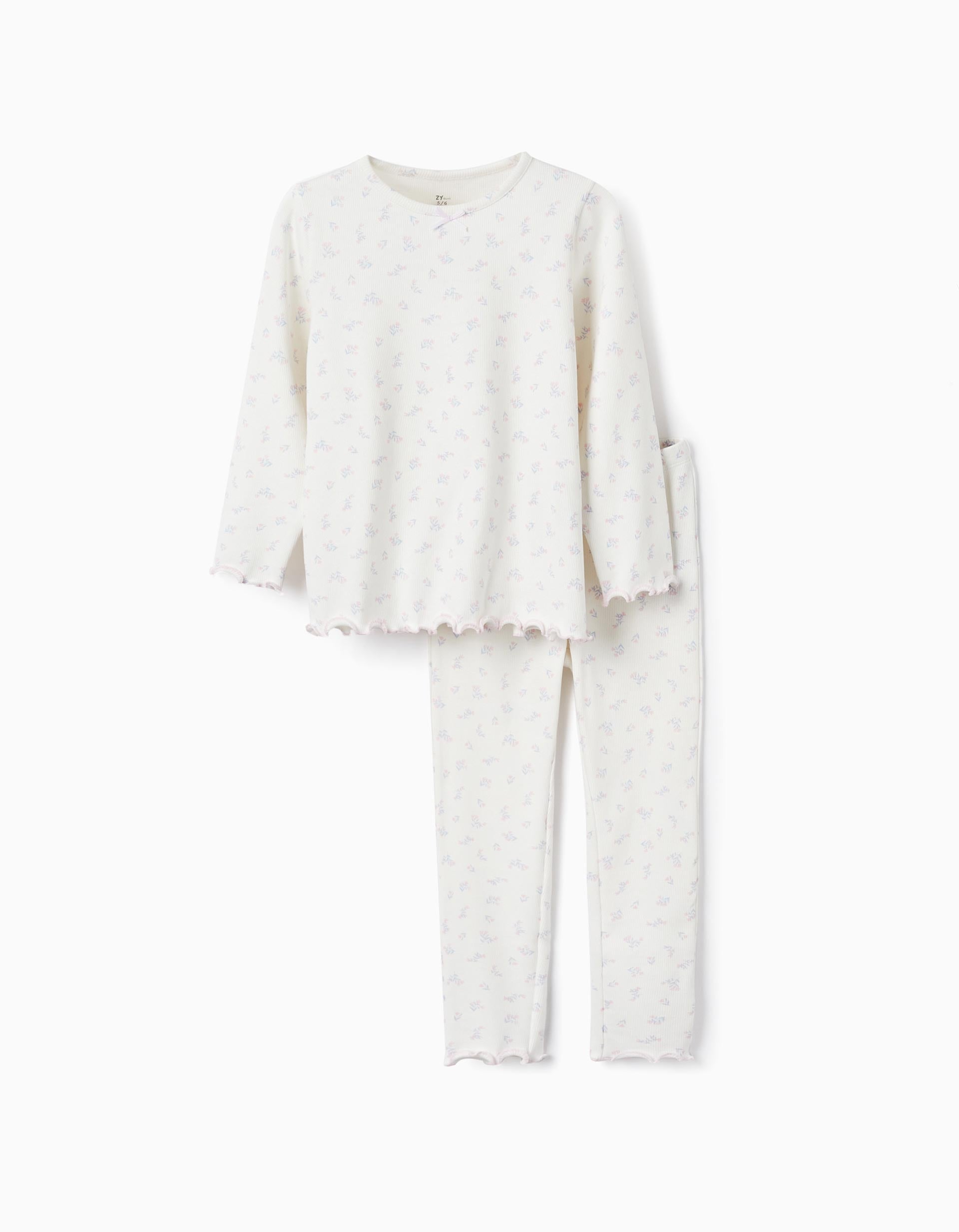 Ribbed Floral Pyjama for Girls, White