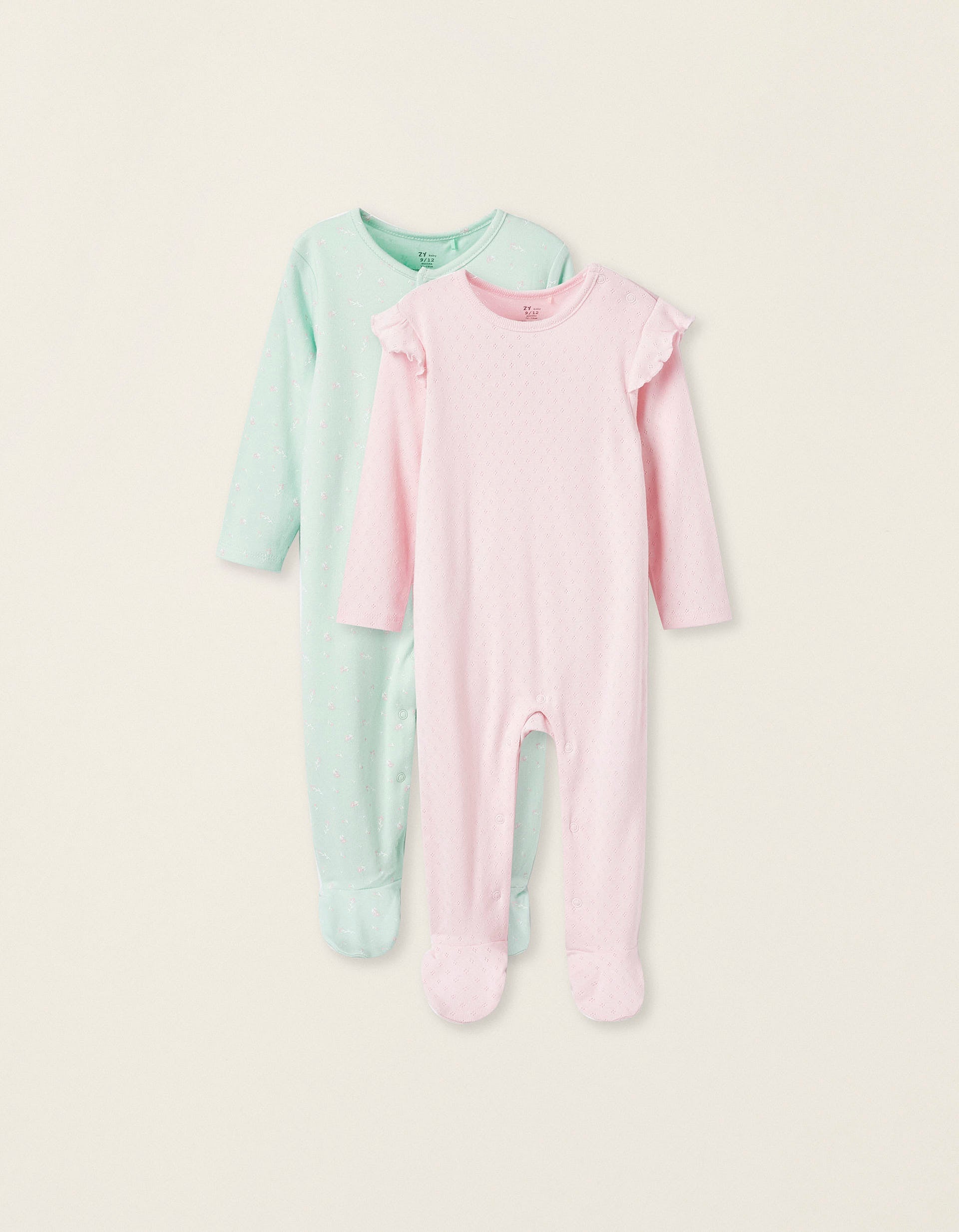 Pack of 2 Cotton Babygrows for Baby Girls, Pink/Green
