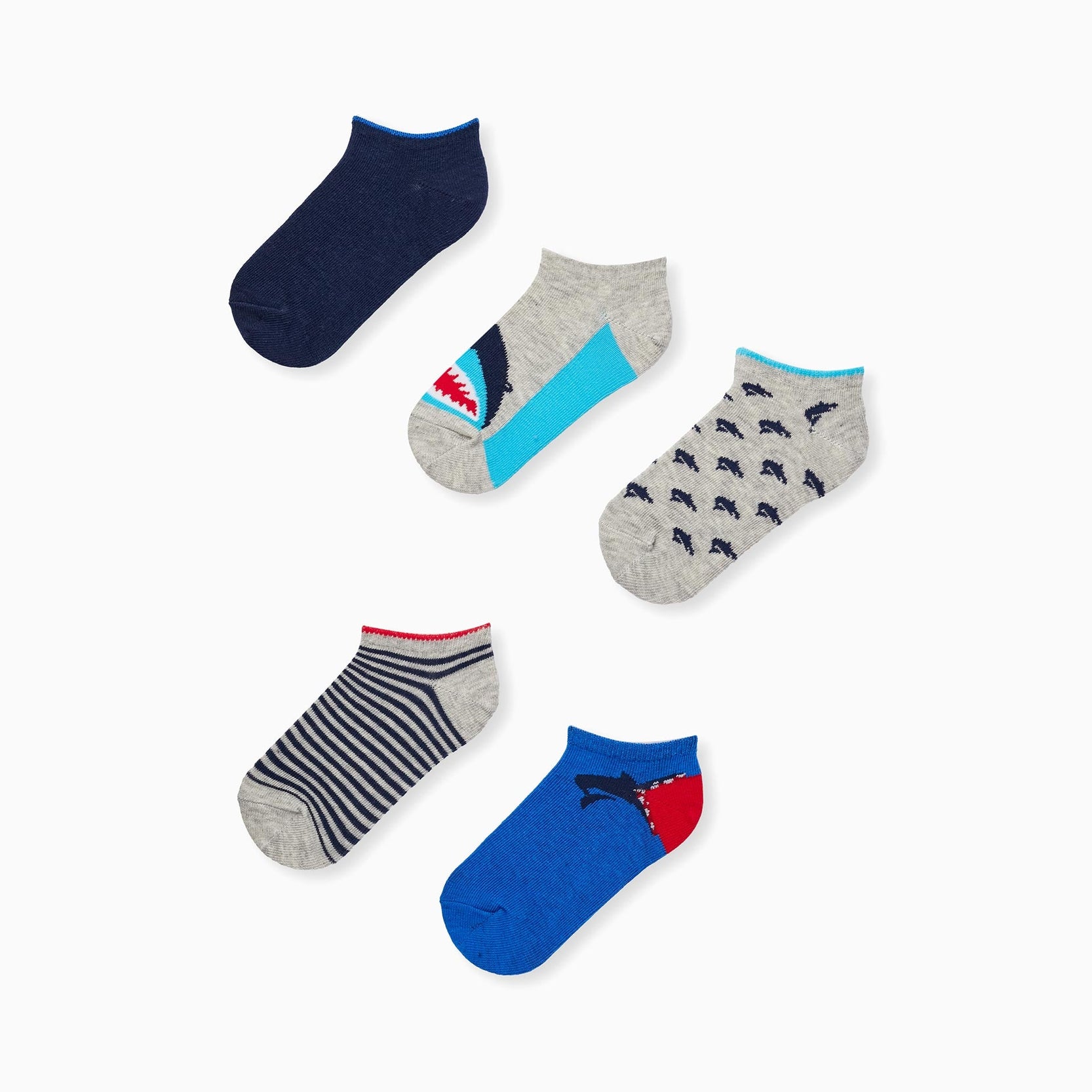 Pack of 5 Pairs of Ankle Socks for Boys 'Shark', Multicolour