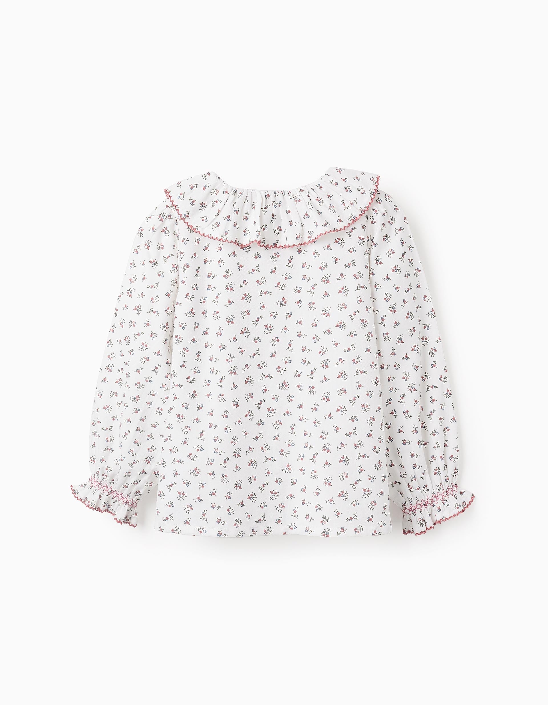 Floral Cotton Shirt with Ruffles for Girls, White