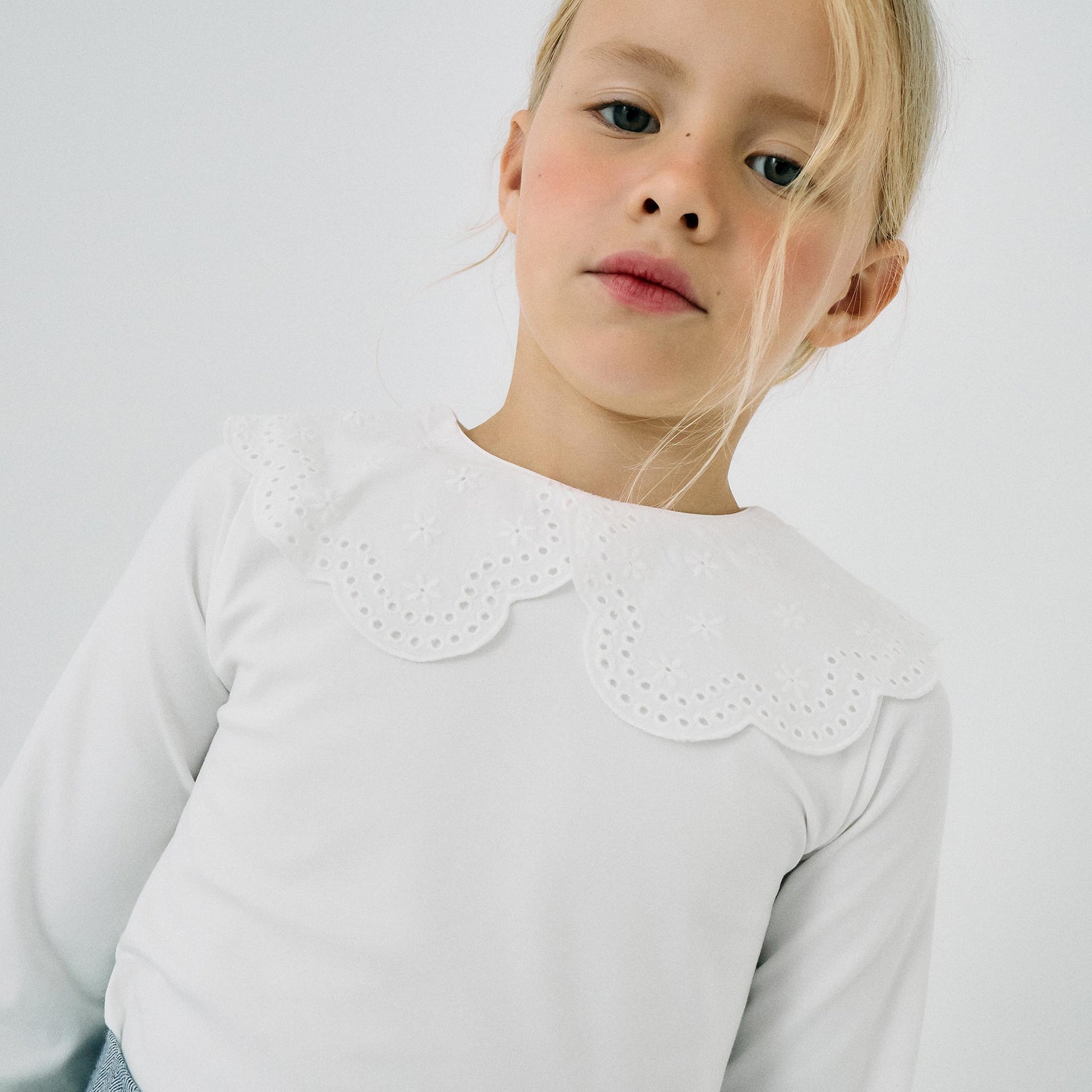 Long-sleeved T-shirt with Broderie Anglaise for Girls, White