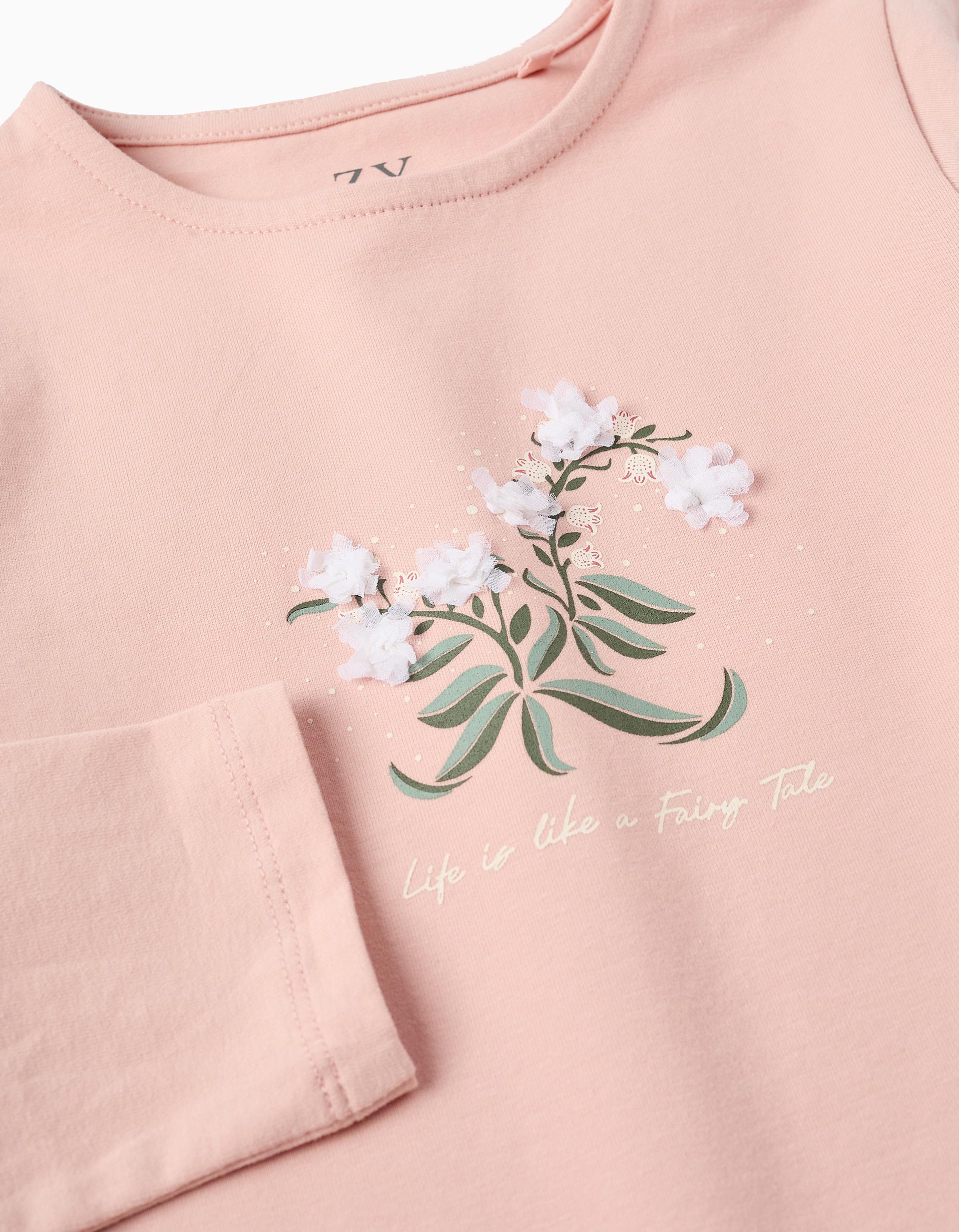 Long Sleeve T-shirt with Ruffles and 3D Flowers for Girls, Pink