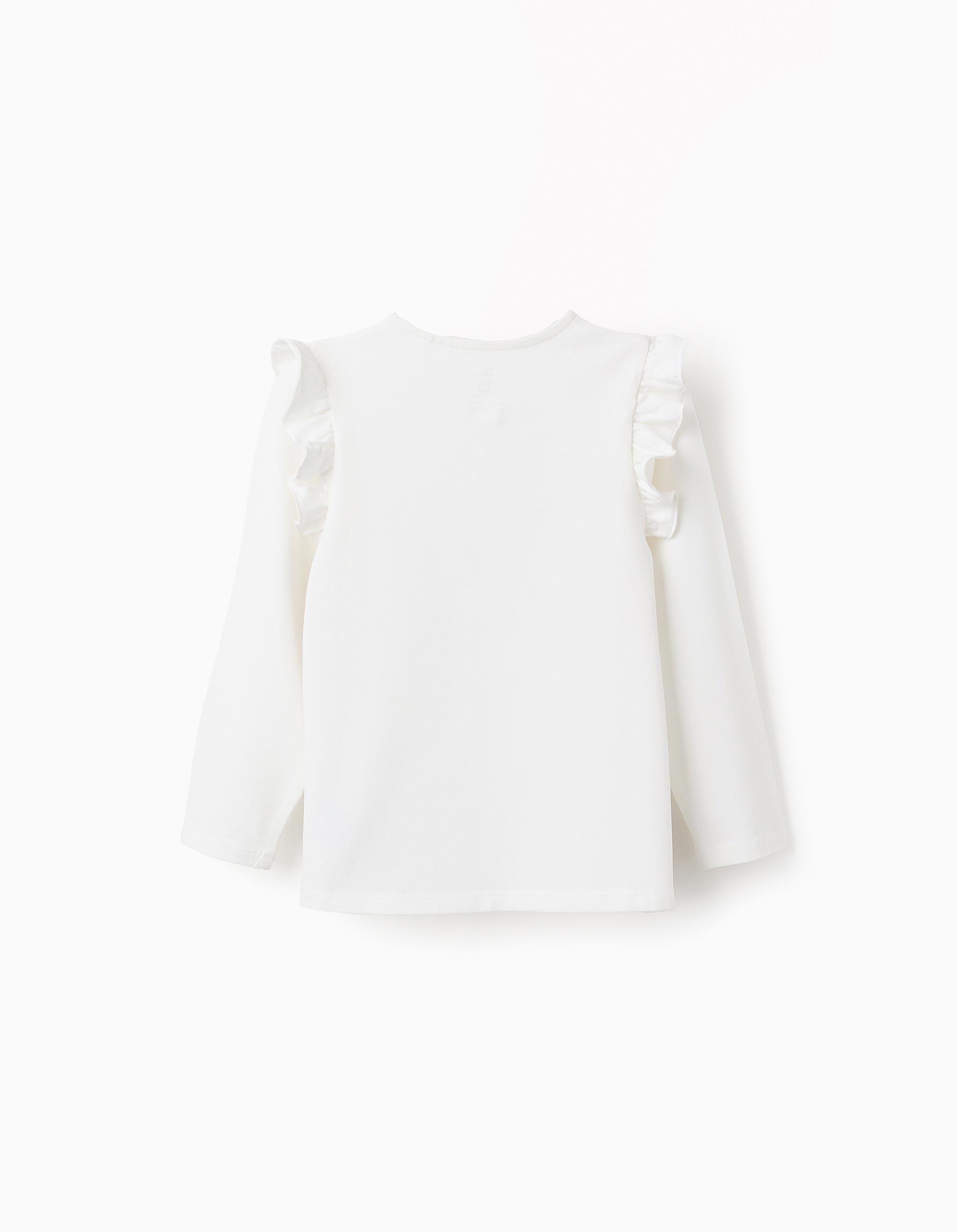 Long-Sleeved T-Shirt with Frills and Glitter for Girls, White