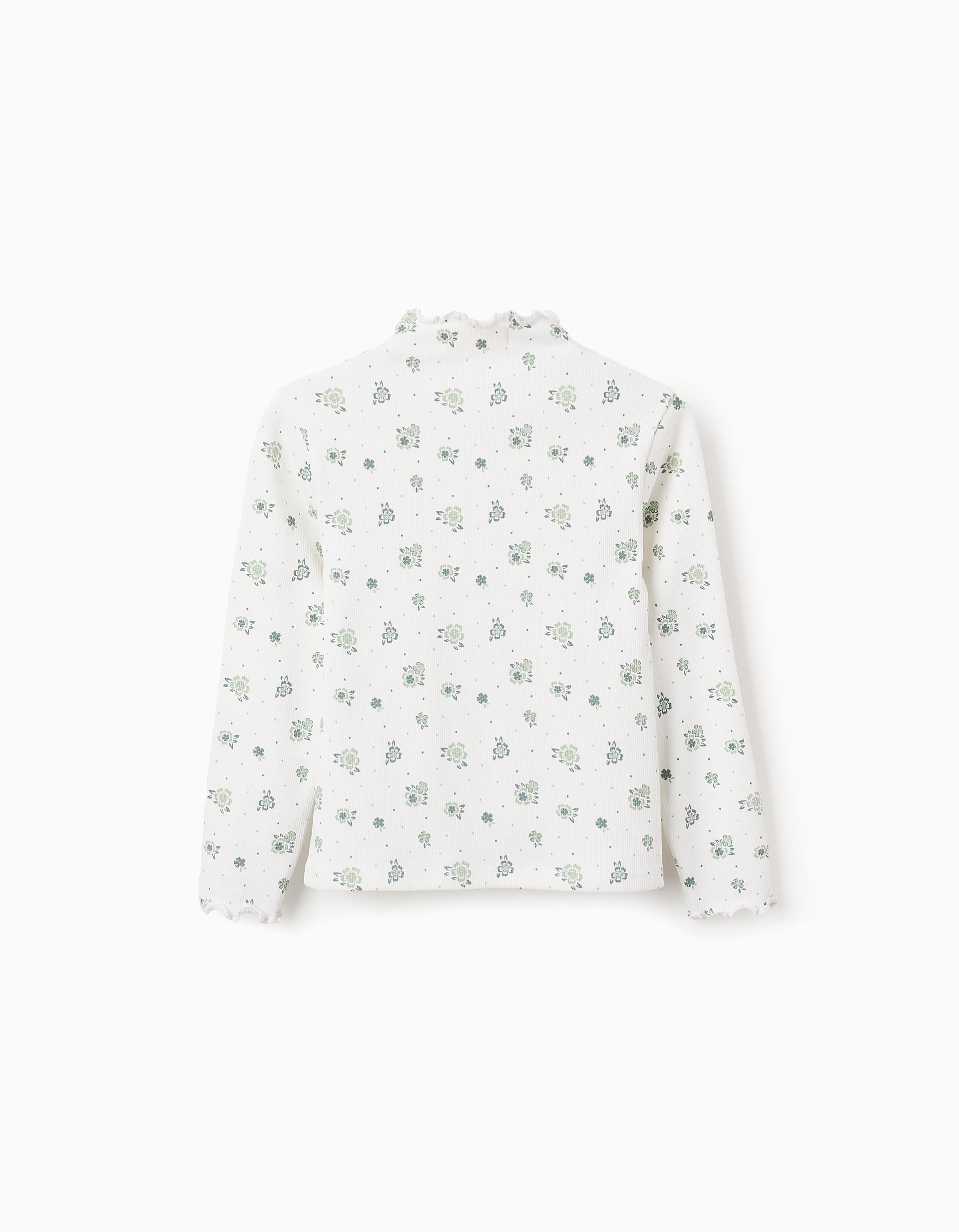 Ribbed Floral Long Sleeve T-shirt for Girls, White/Green