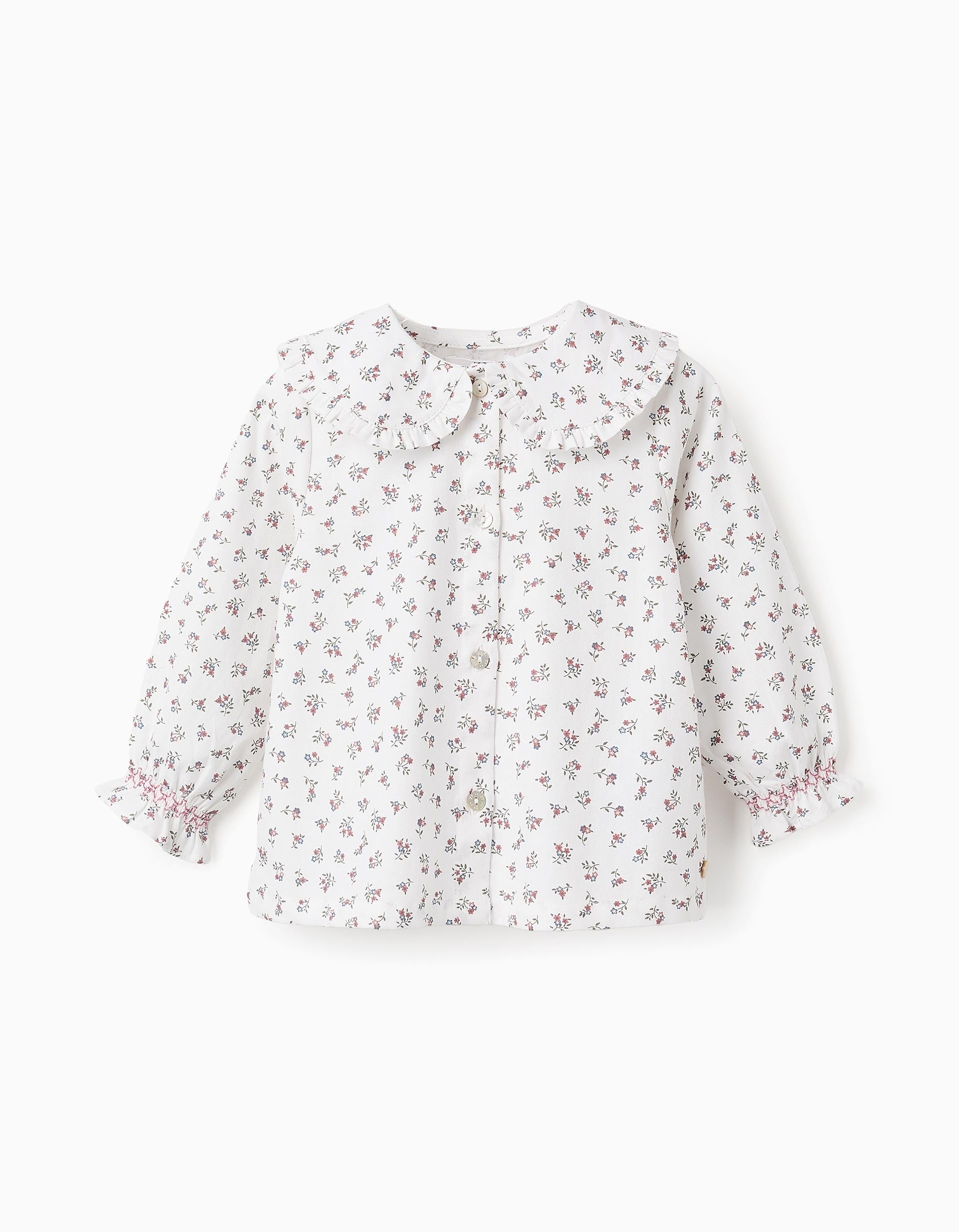 Floral Cotton Shirt with Ruffles for Baby Girls, White