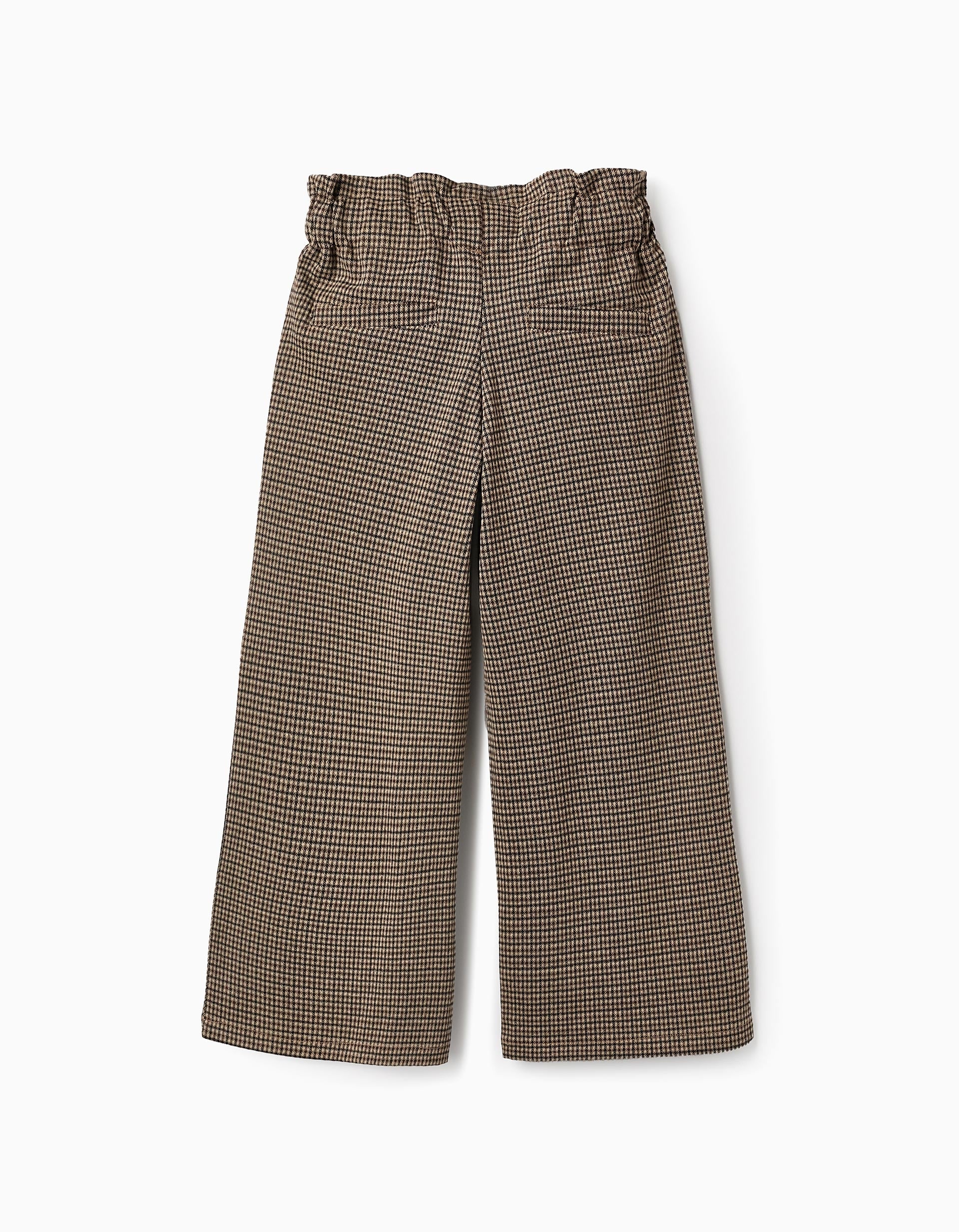 Pied de Poule Wide Leg Trousers for Girls, Beige/Brown