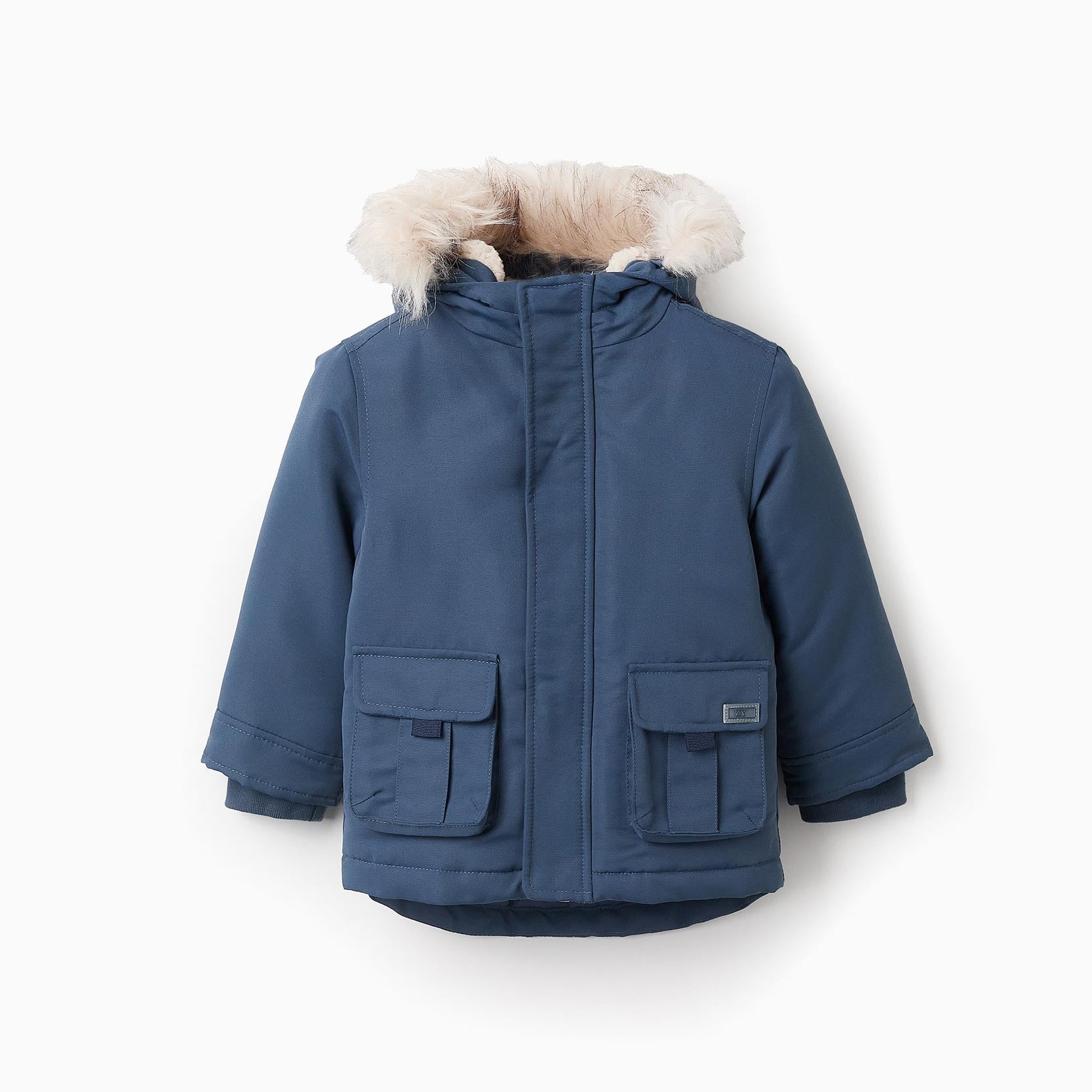 Padded Hooded Parka with Fur for Baby Boys, Turquoise