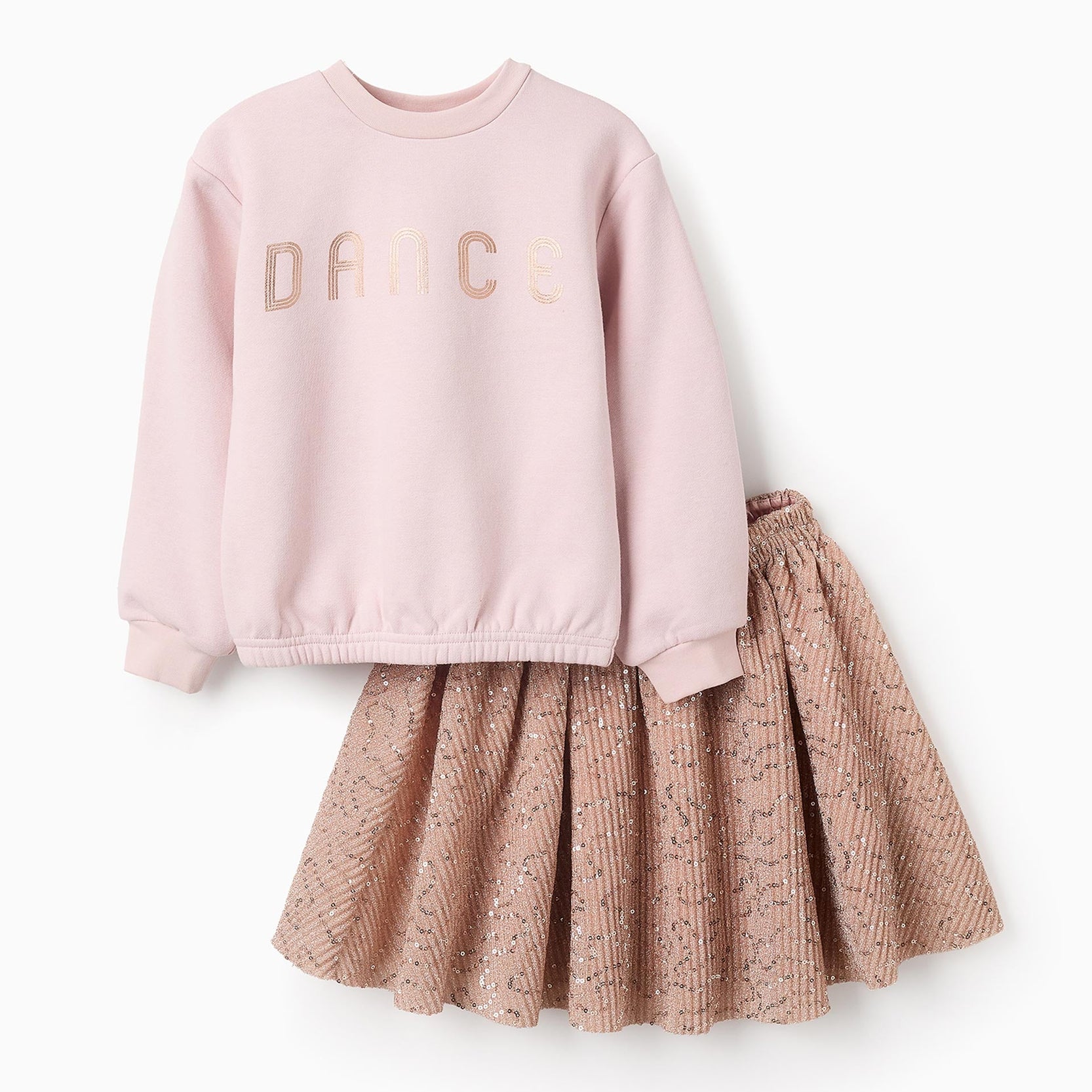 Fleece Sweatshirt + Sequin Pleated Skirt for Girls, Pink