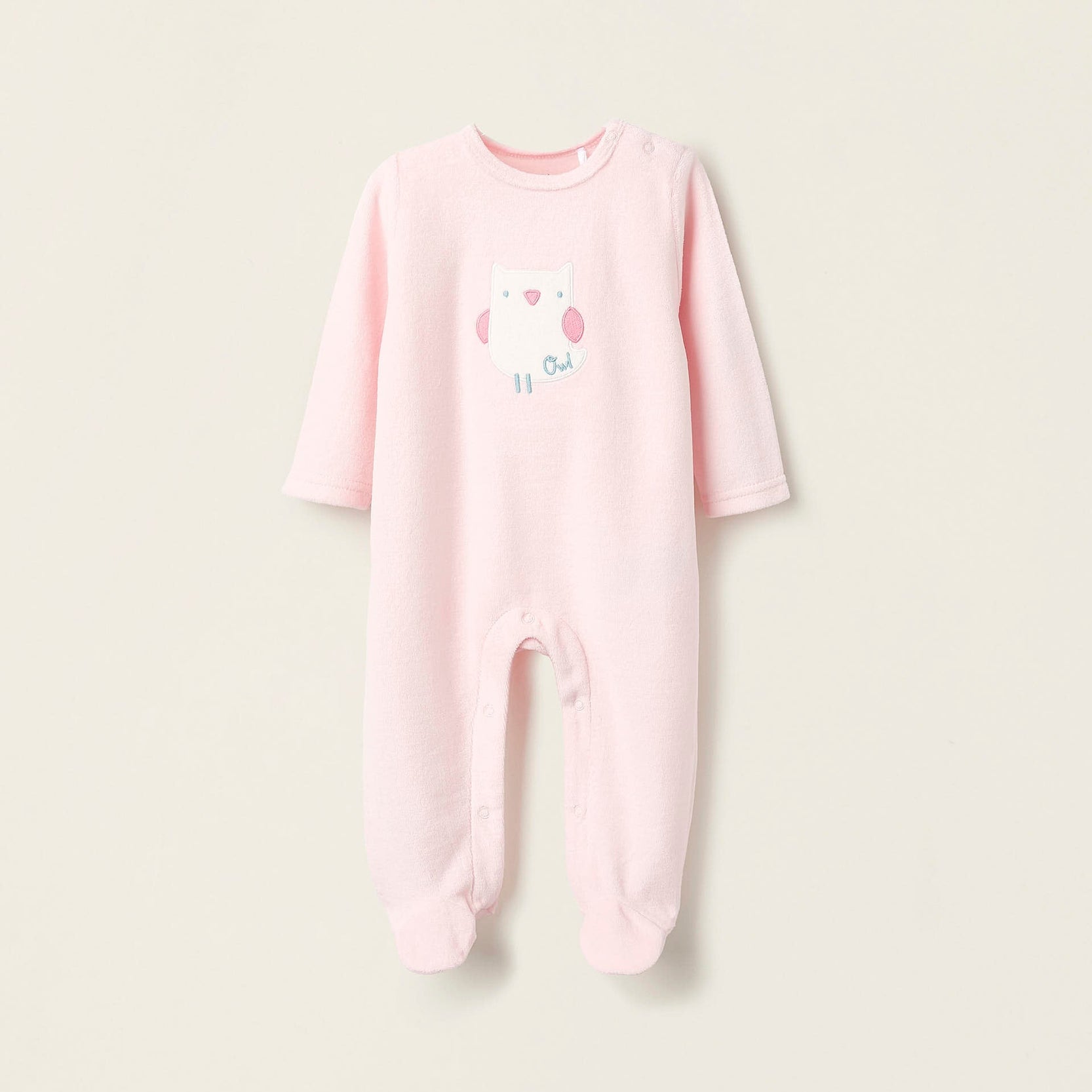 Velours Sleepsuit for Baby Girls 'Owl', Pink/White