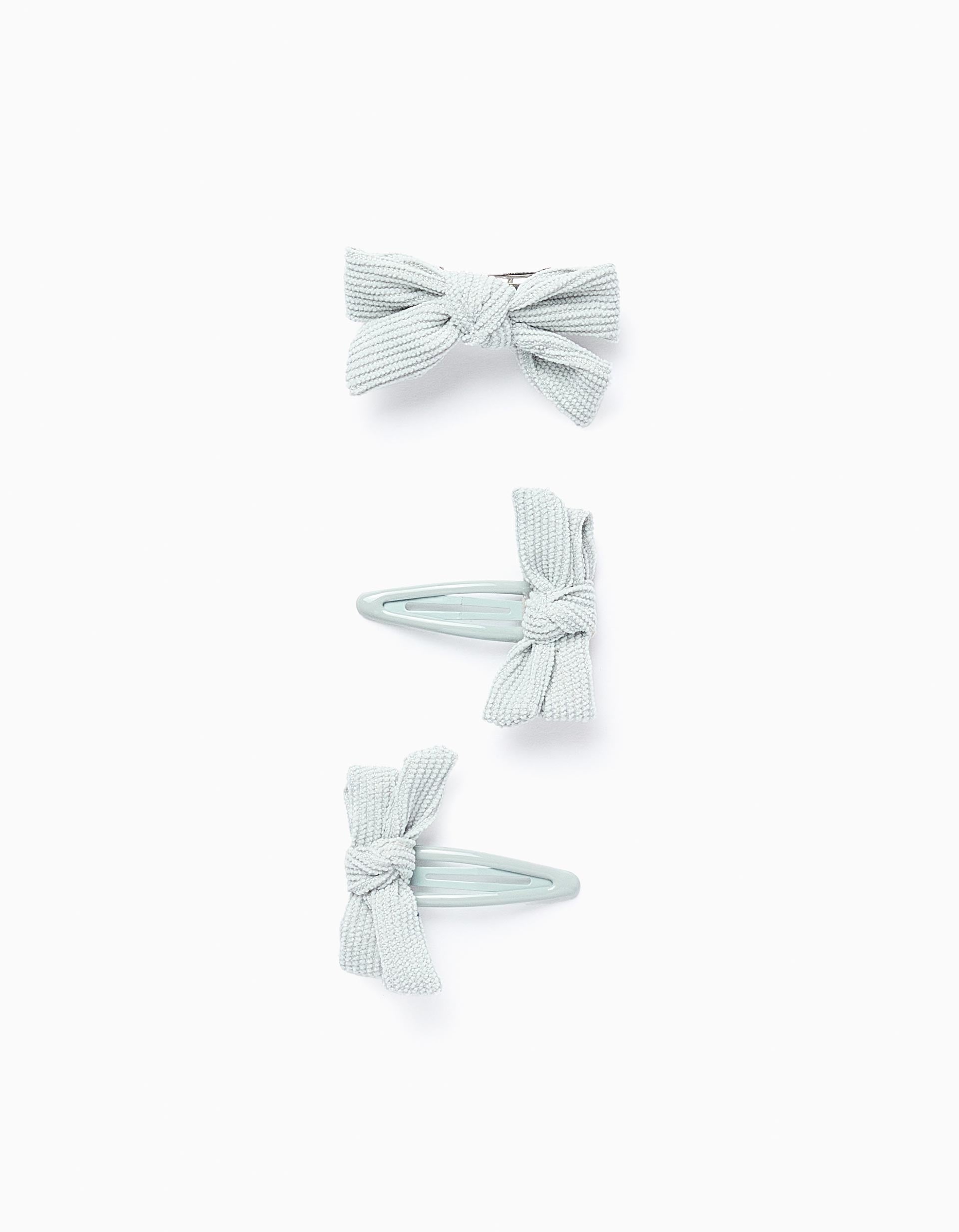Pack 1 Hair Slide + 2 Hair Clips with Bow for Baby and Girls, Aqua Green
