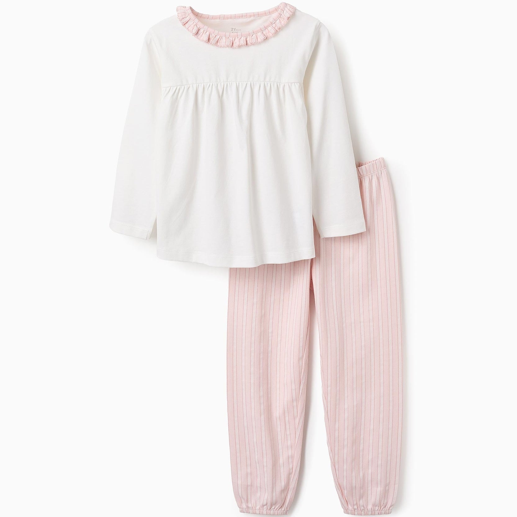 Cotton Pyjama with Frills and Stripes for Girls, Pink/White