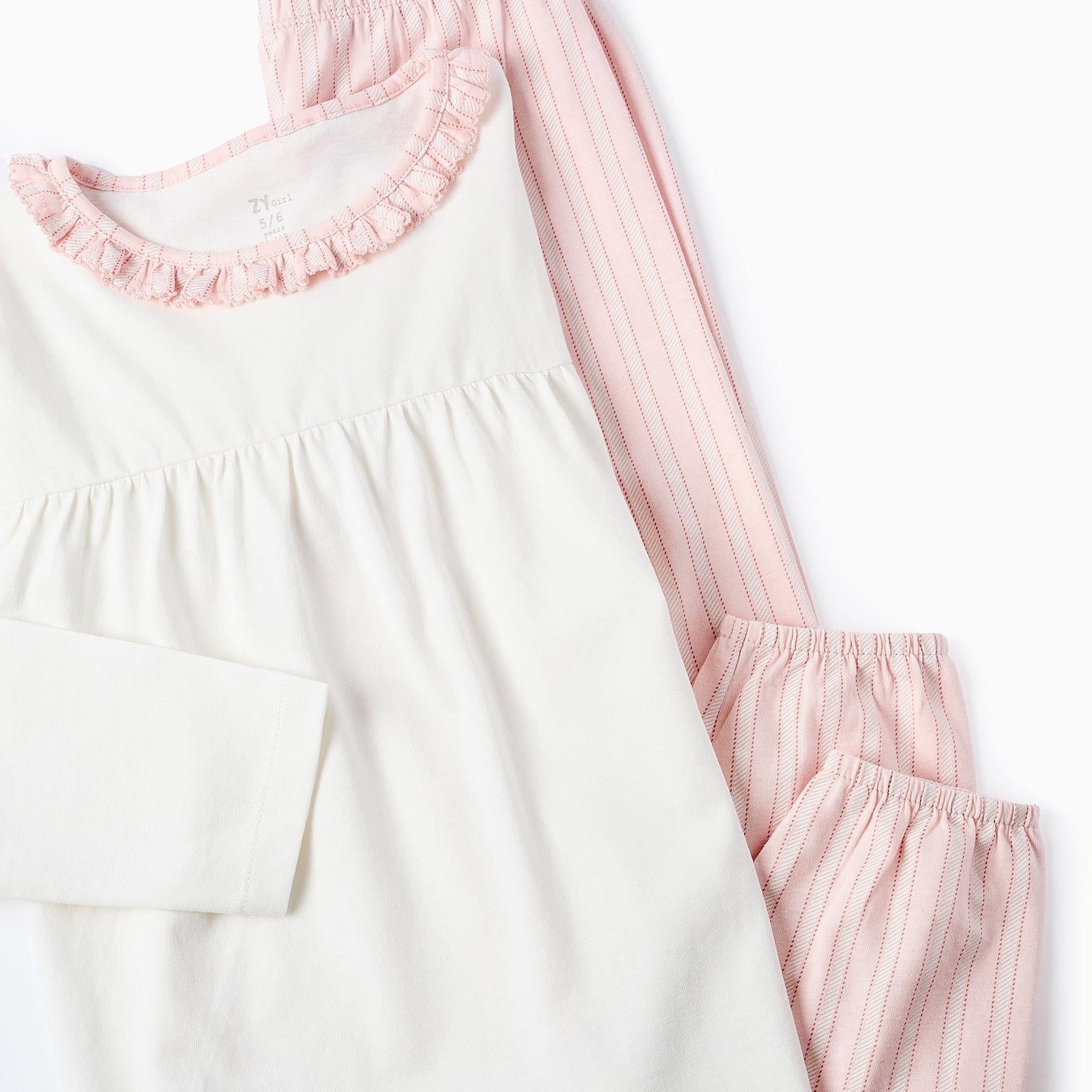 Cotton Pyjama with Frills and Stripes for Girls, Pink/White