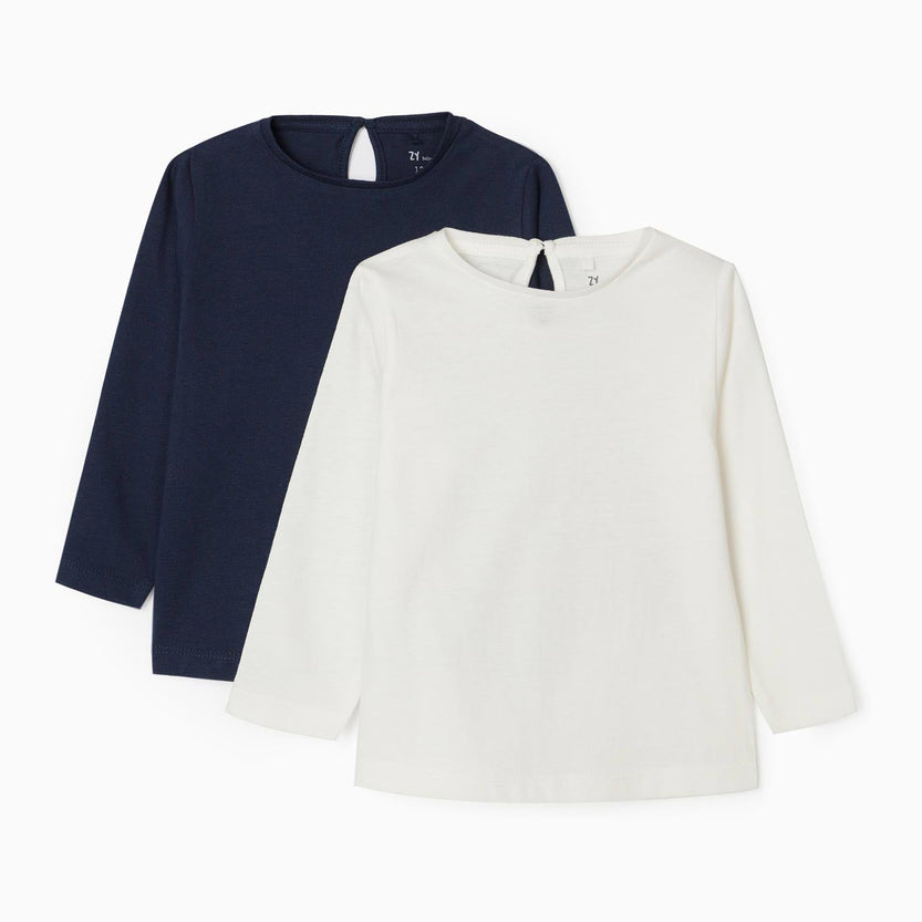 2 Long Sleeve T-Shirts for Baby Girls, White/Dark Blue