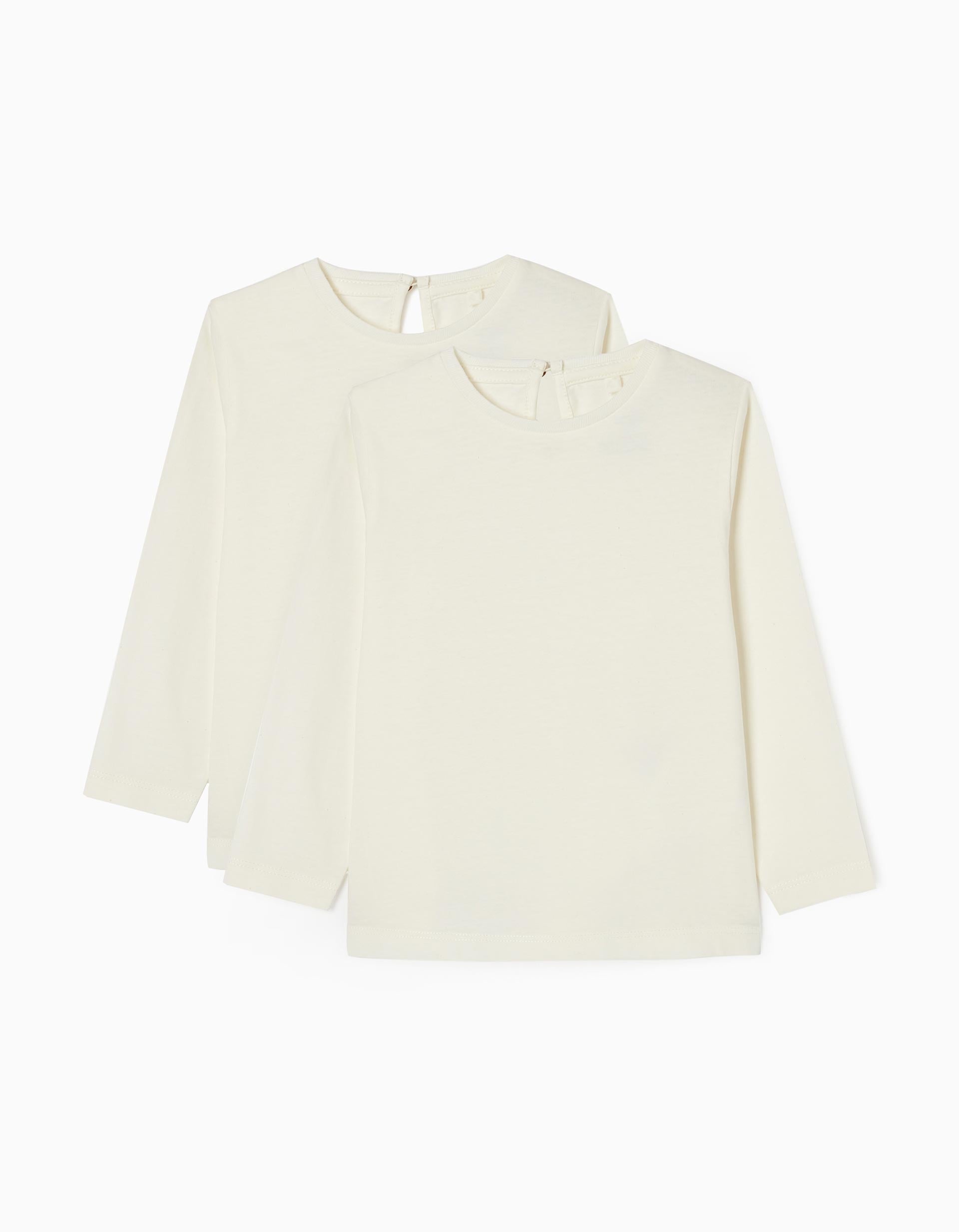 2 Long Sleeve Cotton Tops for Baby Girls, White