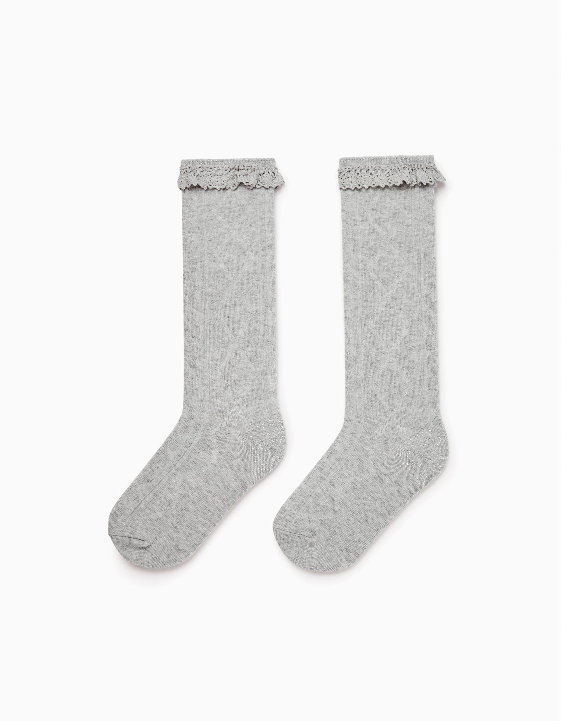 Cotton Knee-High Socks for Girls, Grey