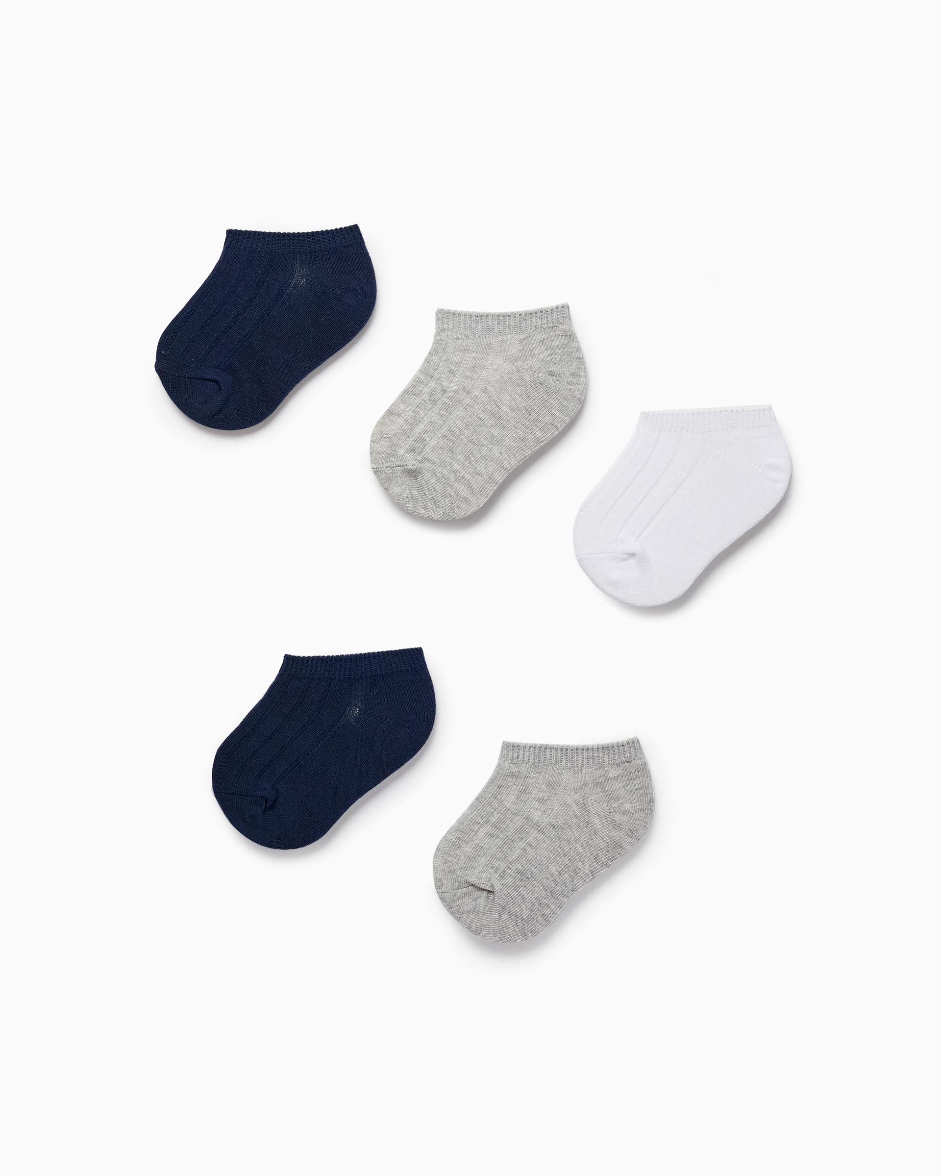 Pack of 5 Pairs of Short Ribbed Socks for Baby Boys, Blue/Grey/White