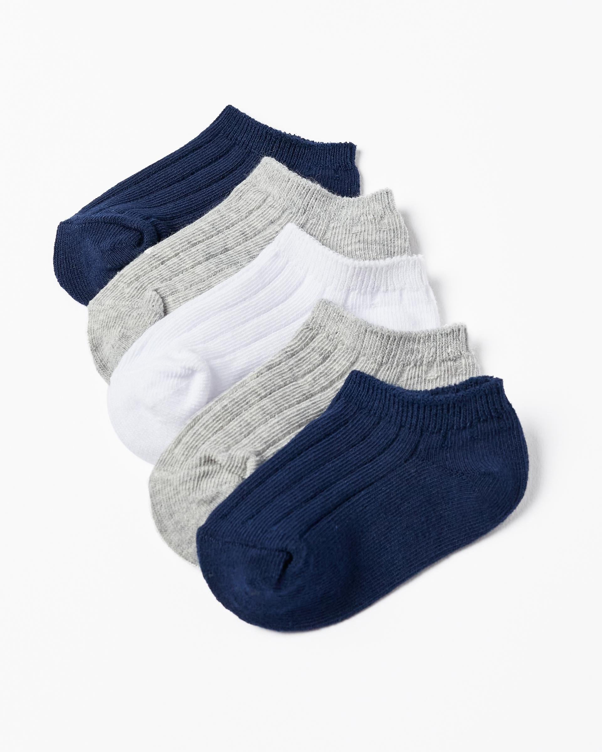 Pack of 5 Pairs of Short Ribbed Socks for Baby Boys, Blue/Grey/White