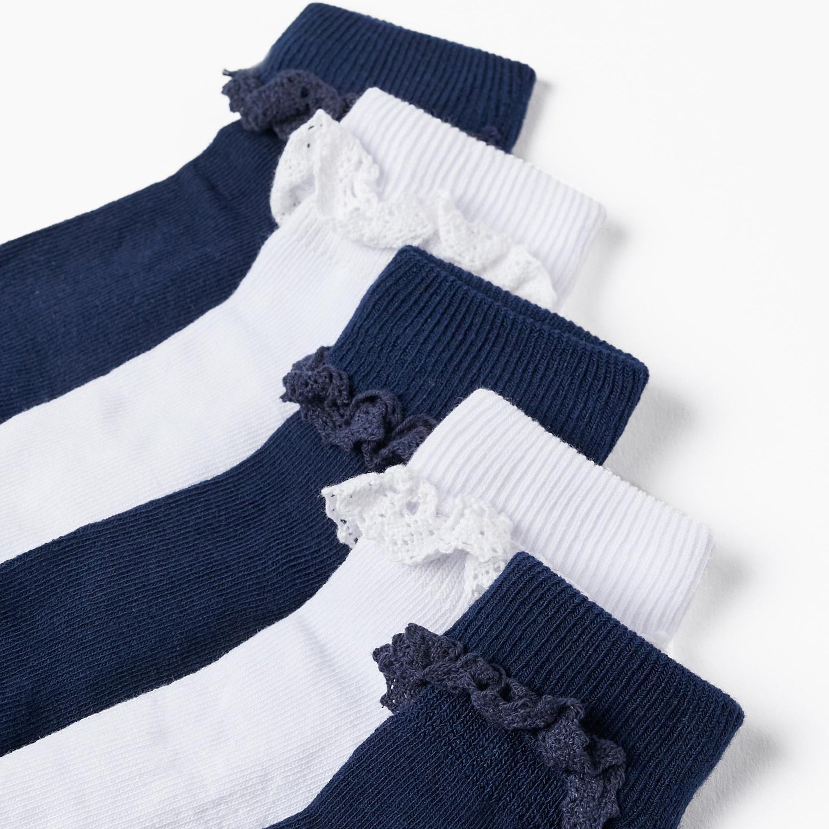 Pack 5 Pairs of Socks with Lace for Girls, White/Dark Blue