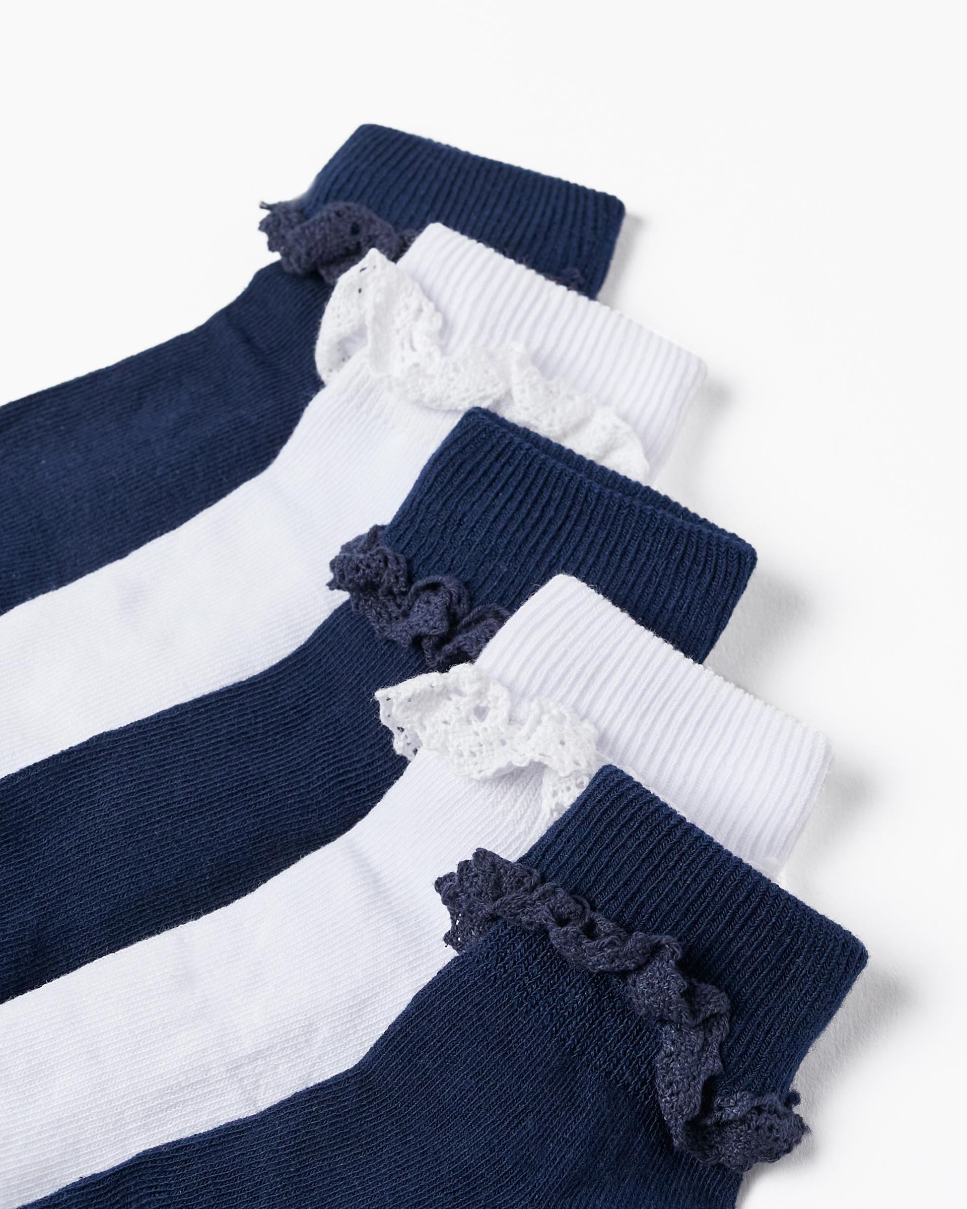 Pack 5 Pairs of Socks with Lace for Girls, White/Dark Blue