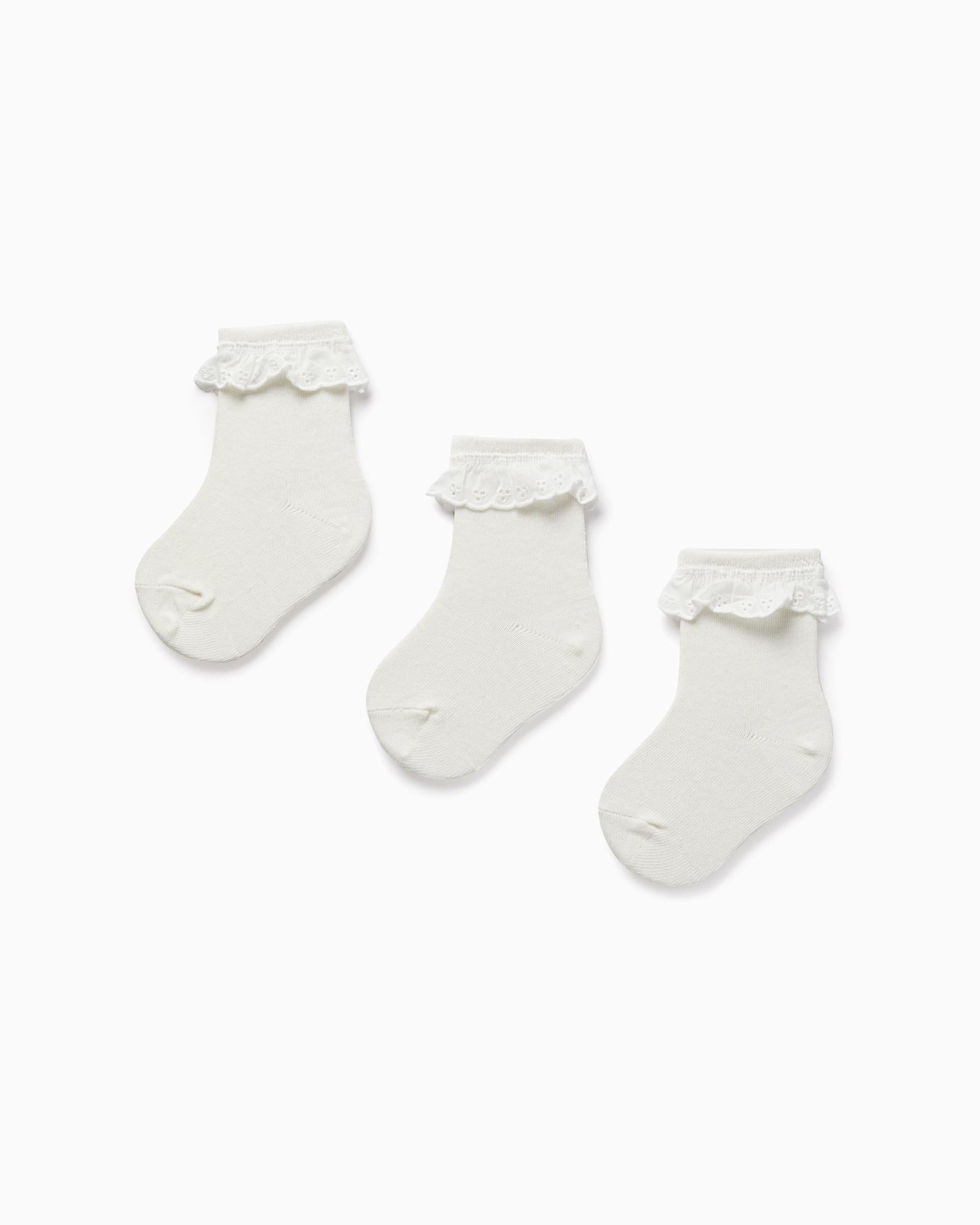 Pack of 3 Pairs of Socks with English Embroidery for Girls, White