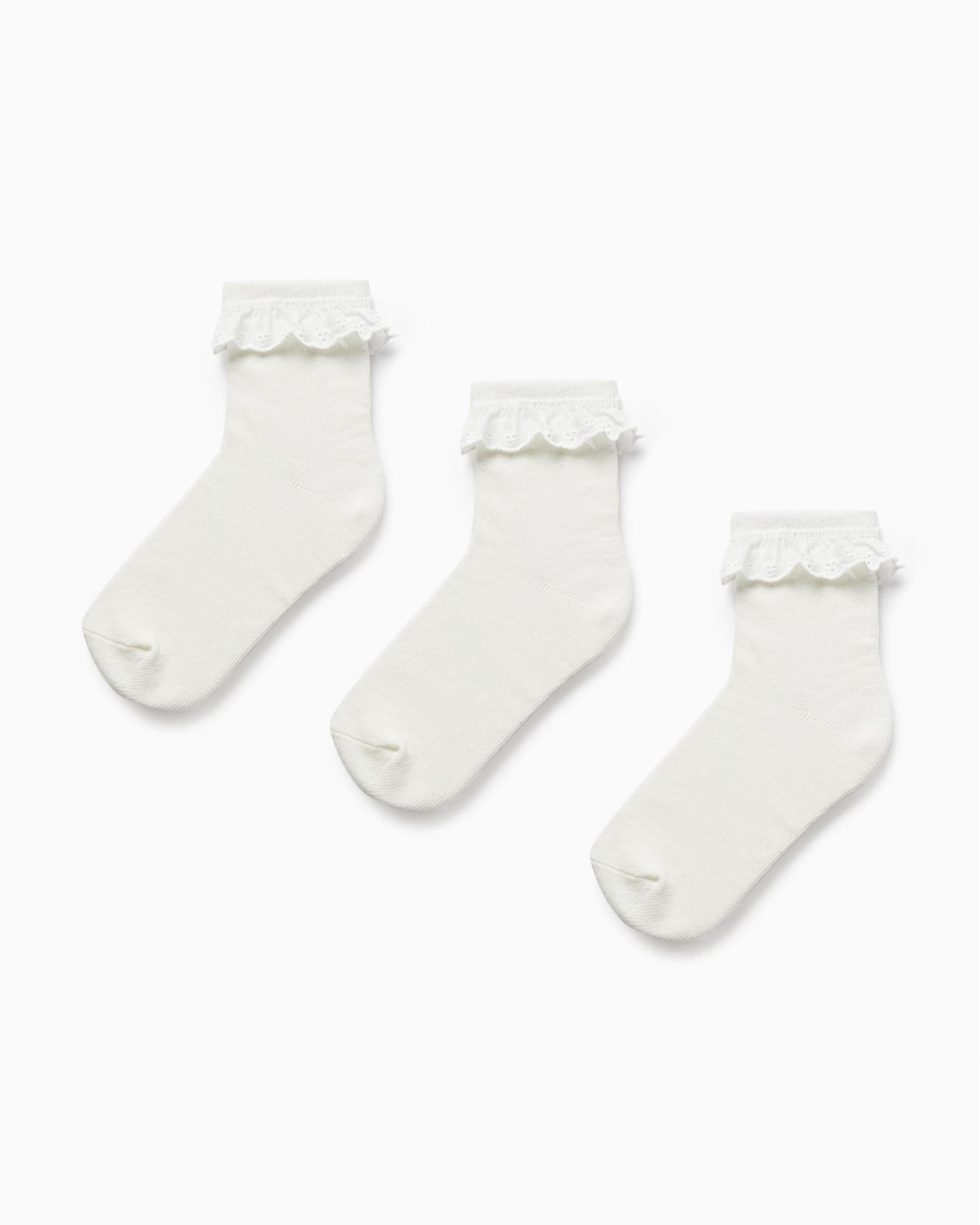 Pack of 3 Pairs of Socks with English Embroidery for Girls, White
