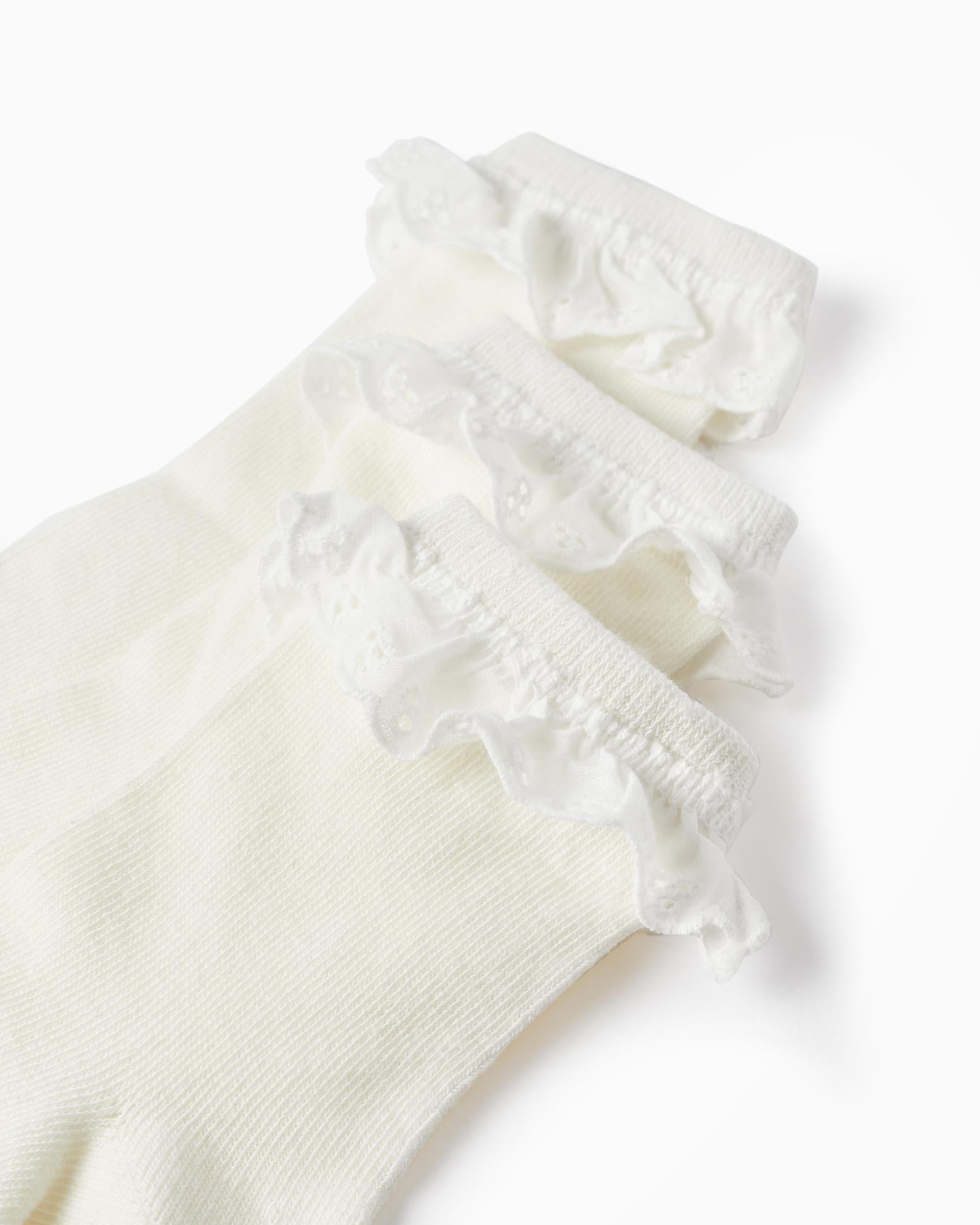 Pack of 3 Pairs of Socks with English Embroidery for Girls, White