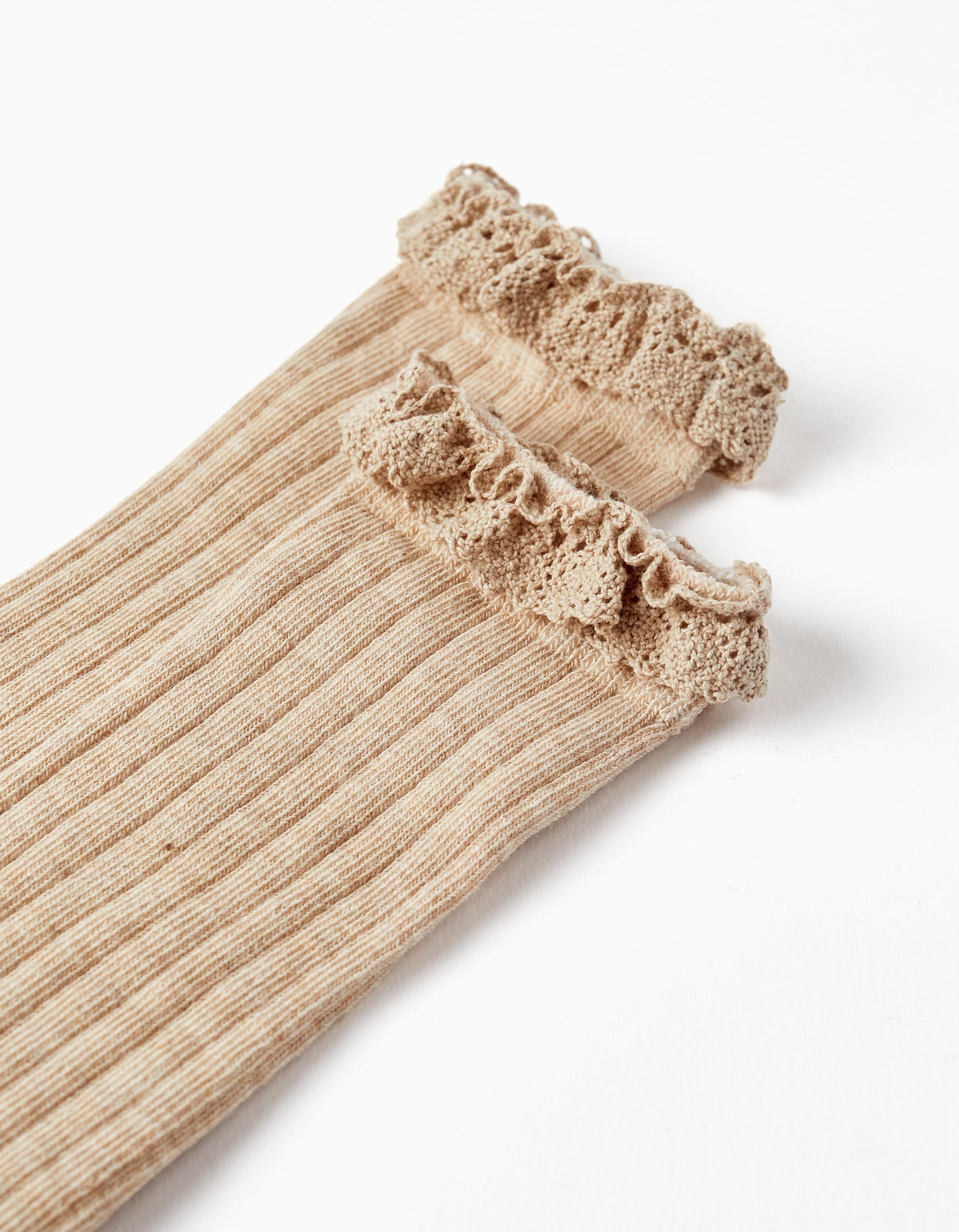 Ribbed Knee-High Socks with Lace for Girls, Beige