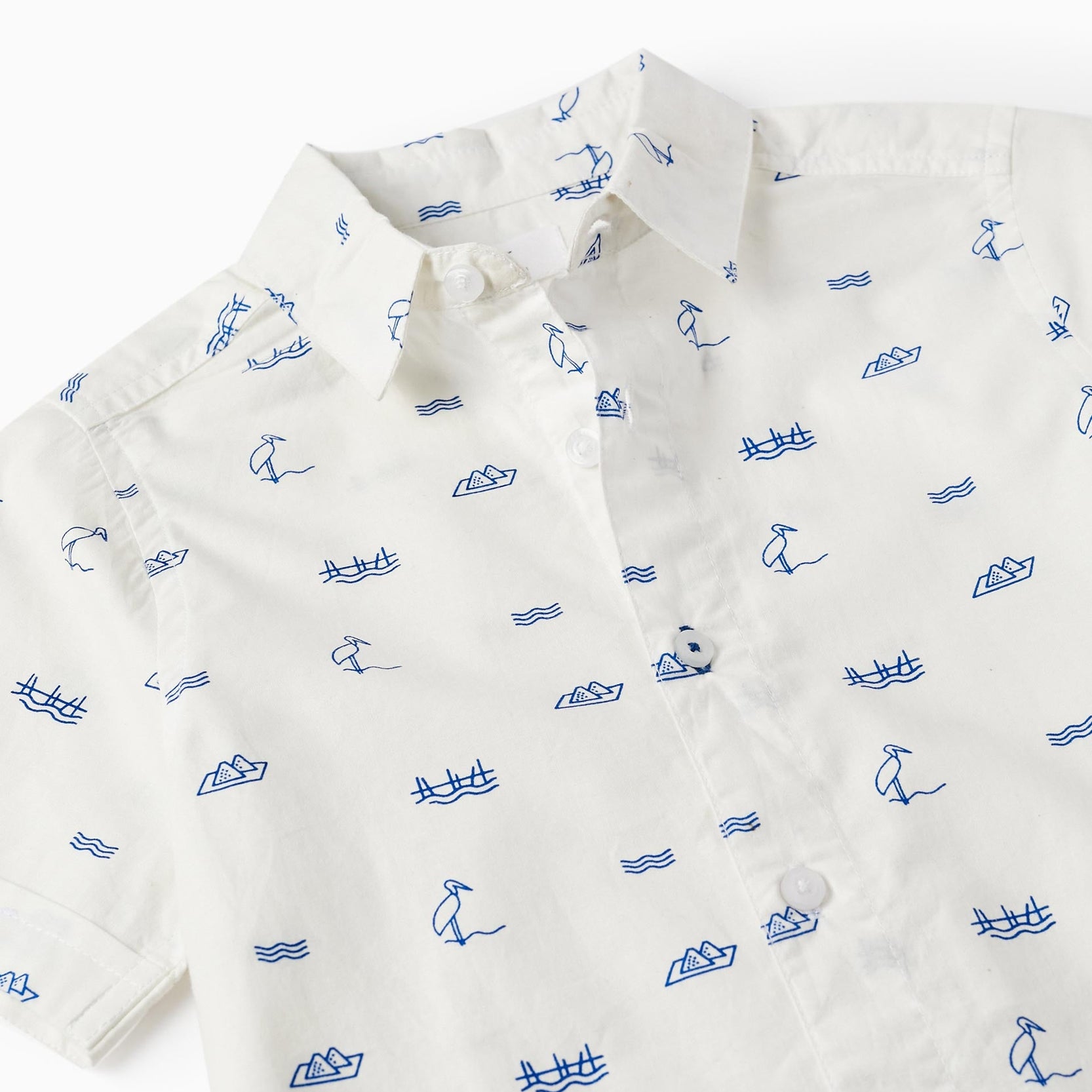 Short Sleeve Cotton Shirt for Boys, White/Blue