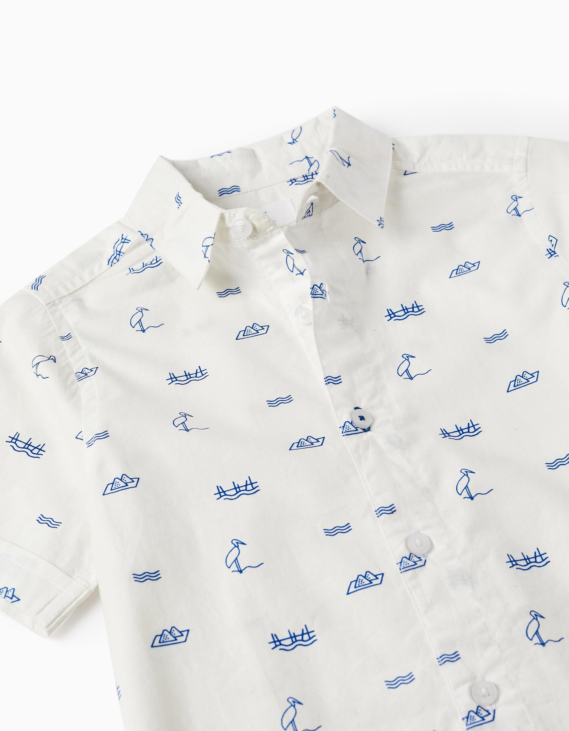 Short Sleeve Cotton Shirt for Boys, White/Blue