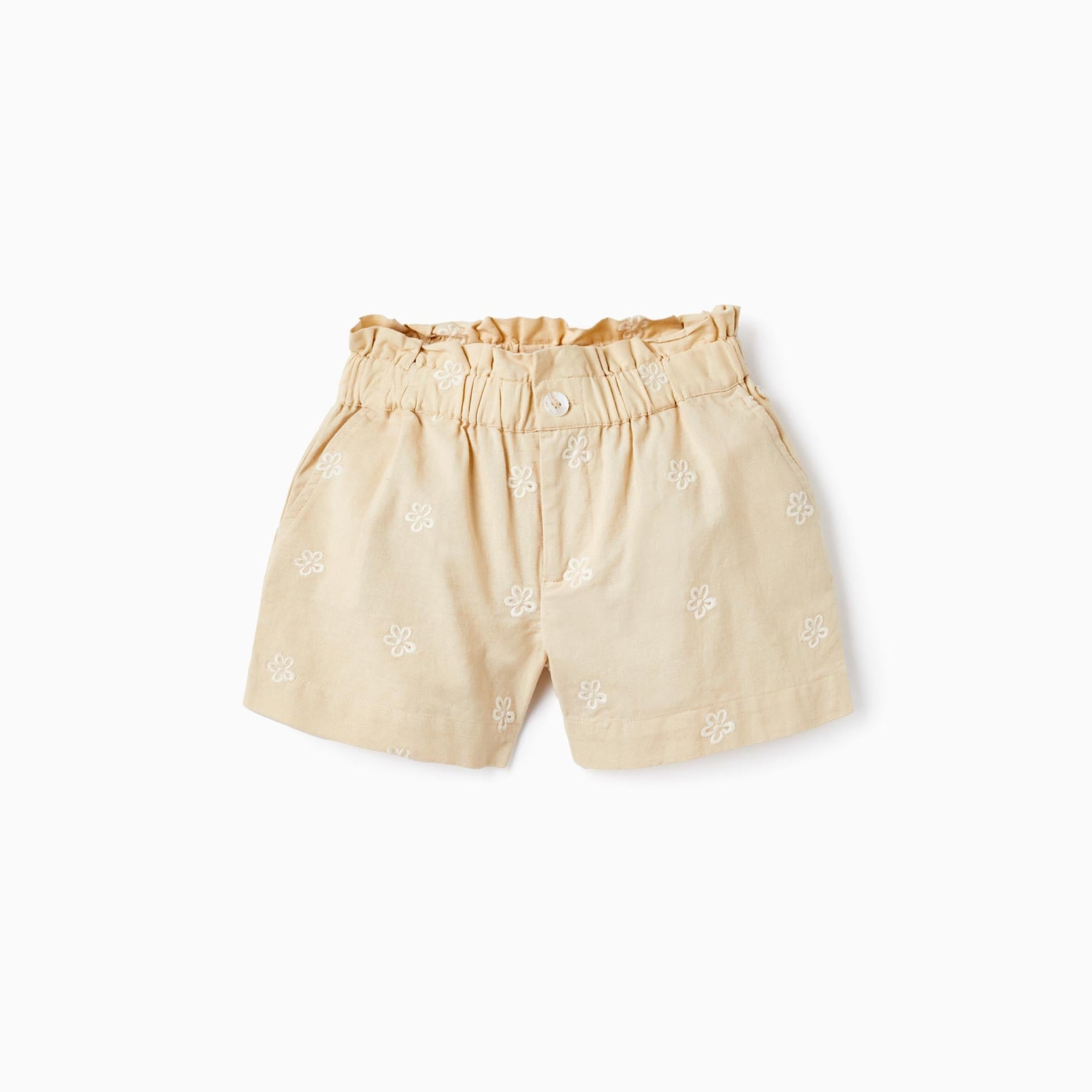 Cotton and Linen Shorts with Flowers for Girls, Beige