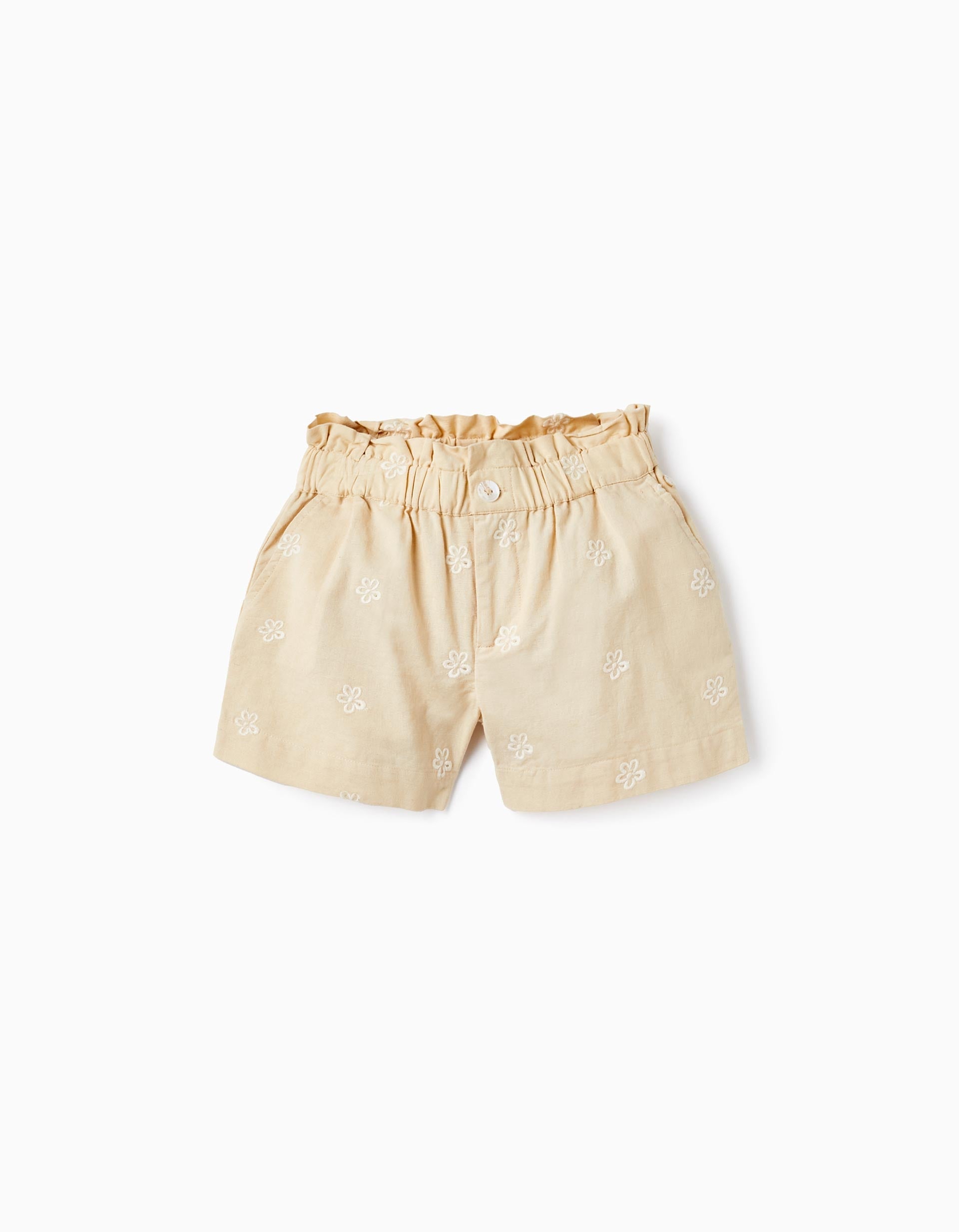 Cotton and Linen Shorts with Flowers for Girls, Beige