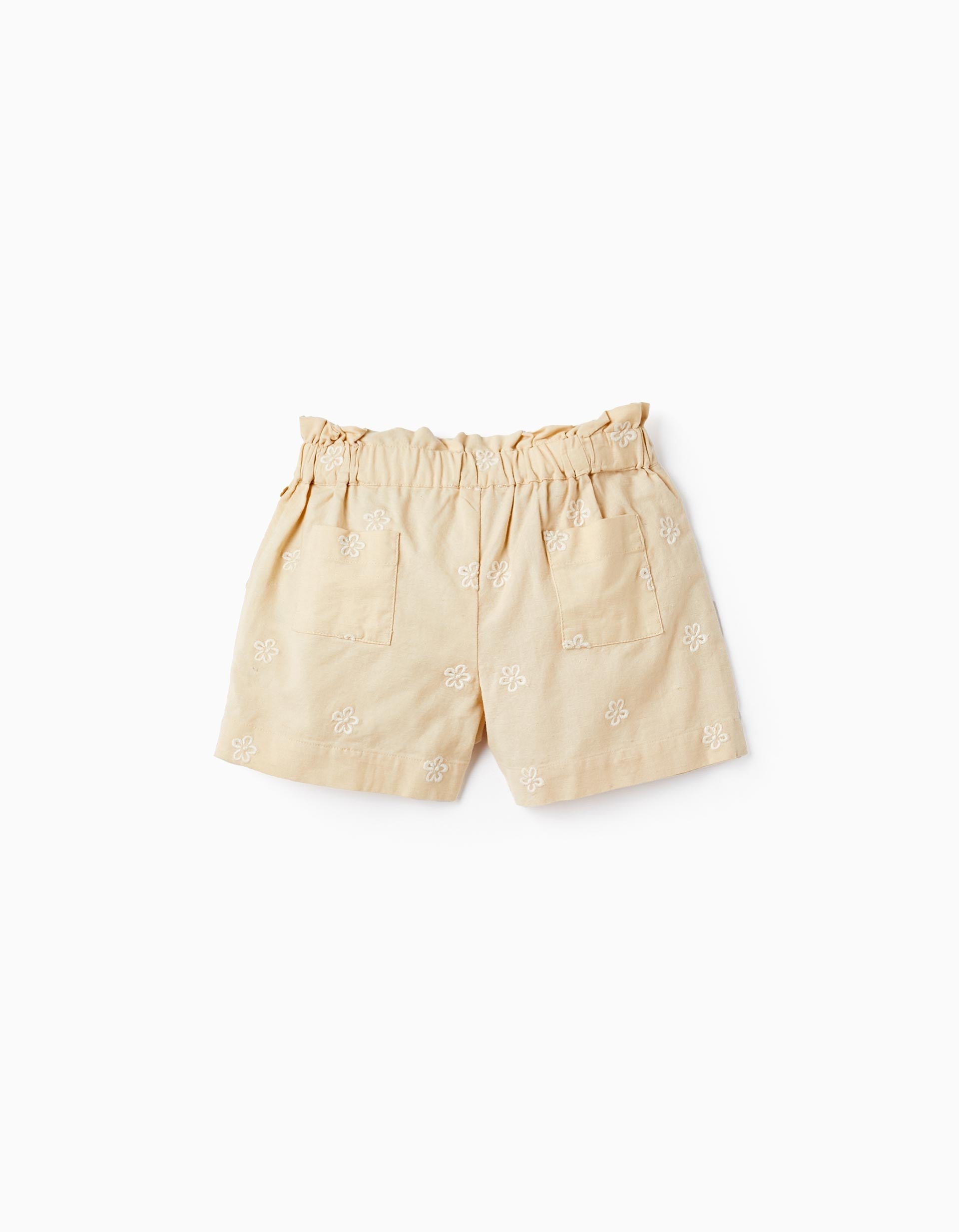 Cotton and Linen Shorts with Flowers for Girls, Beige