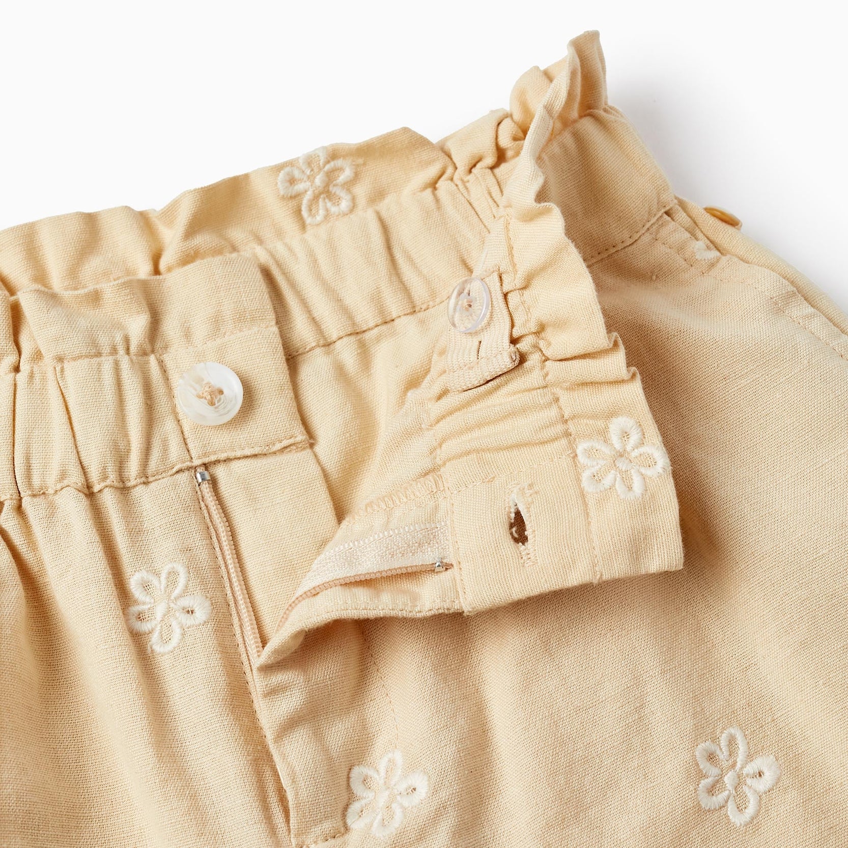 Cotton and Linen Shorts with Flowers for Girls, Beige
