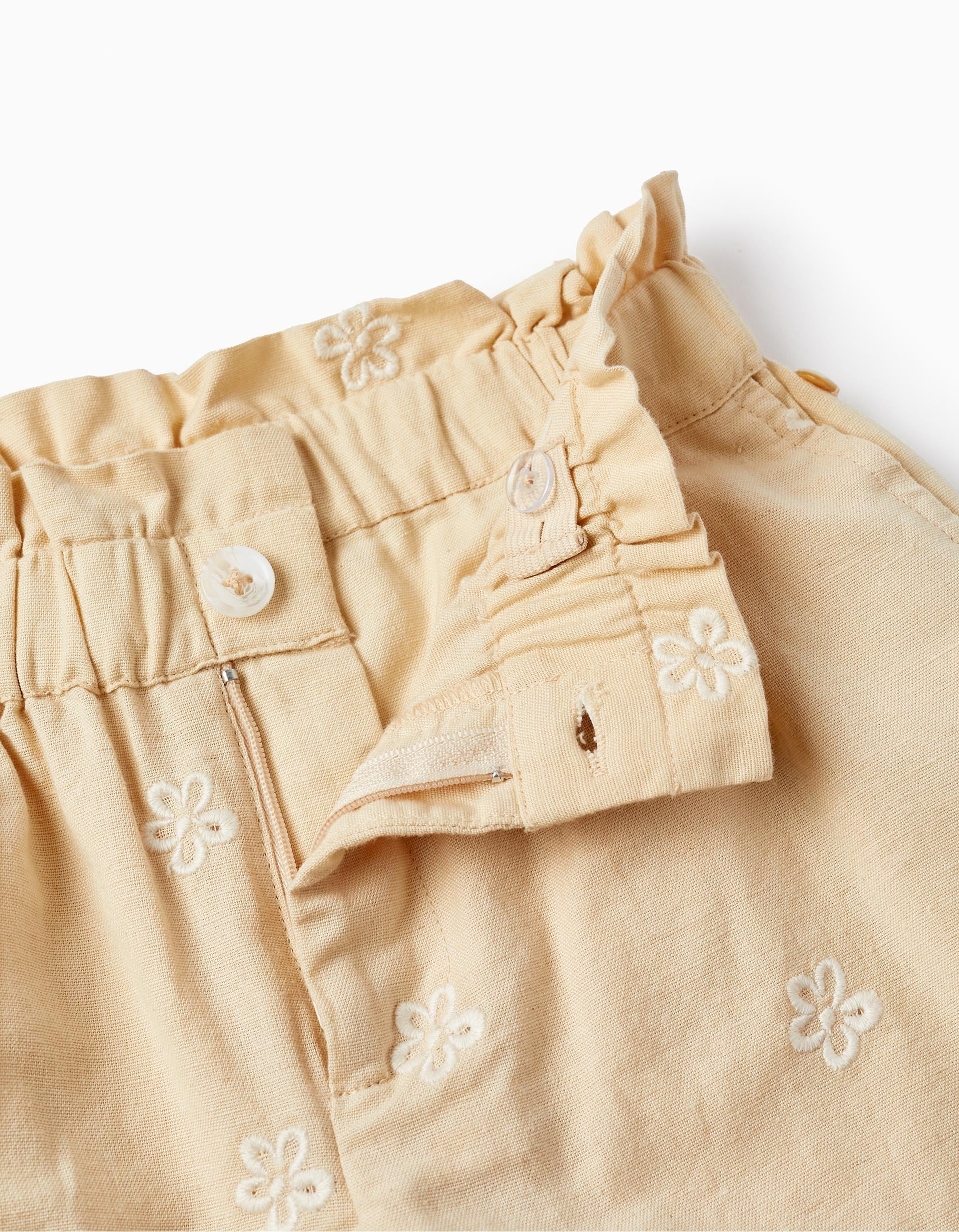 Cotton and Linen Shorts with Flowers for Girls, Beige